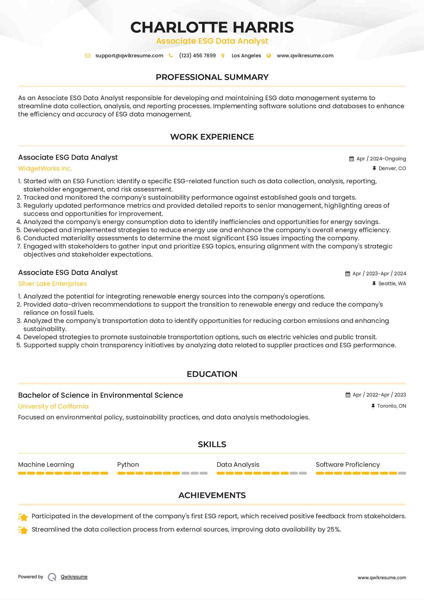 Associate ESG Data Analyst Resume Sample
