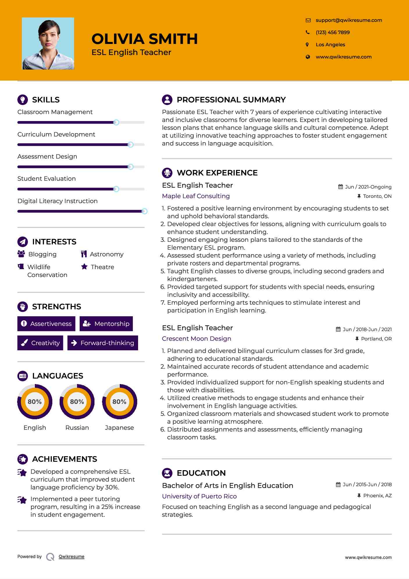 ESL English Teacher Resume Template