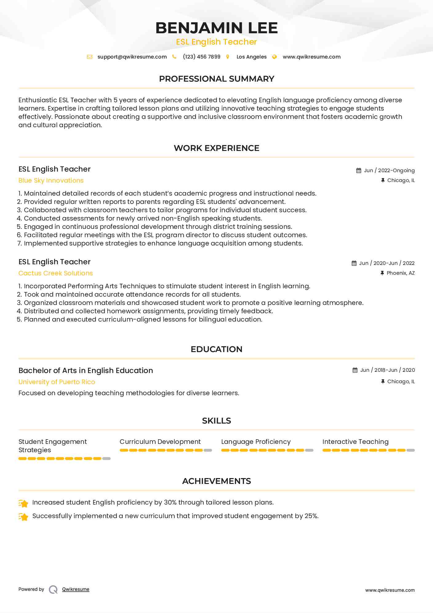 ESL English Teacher Resume Model