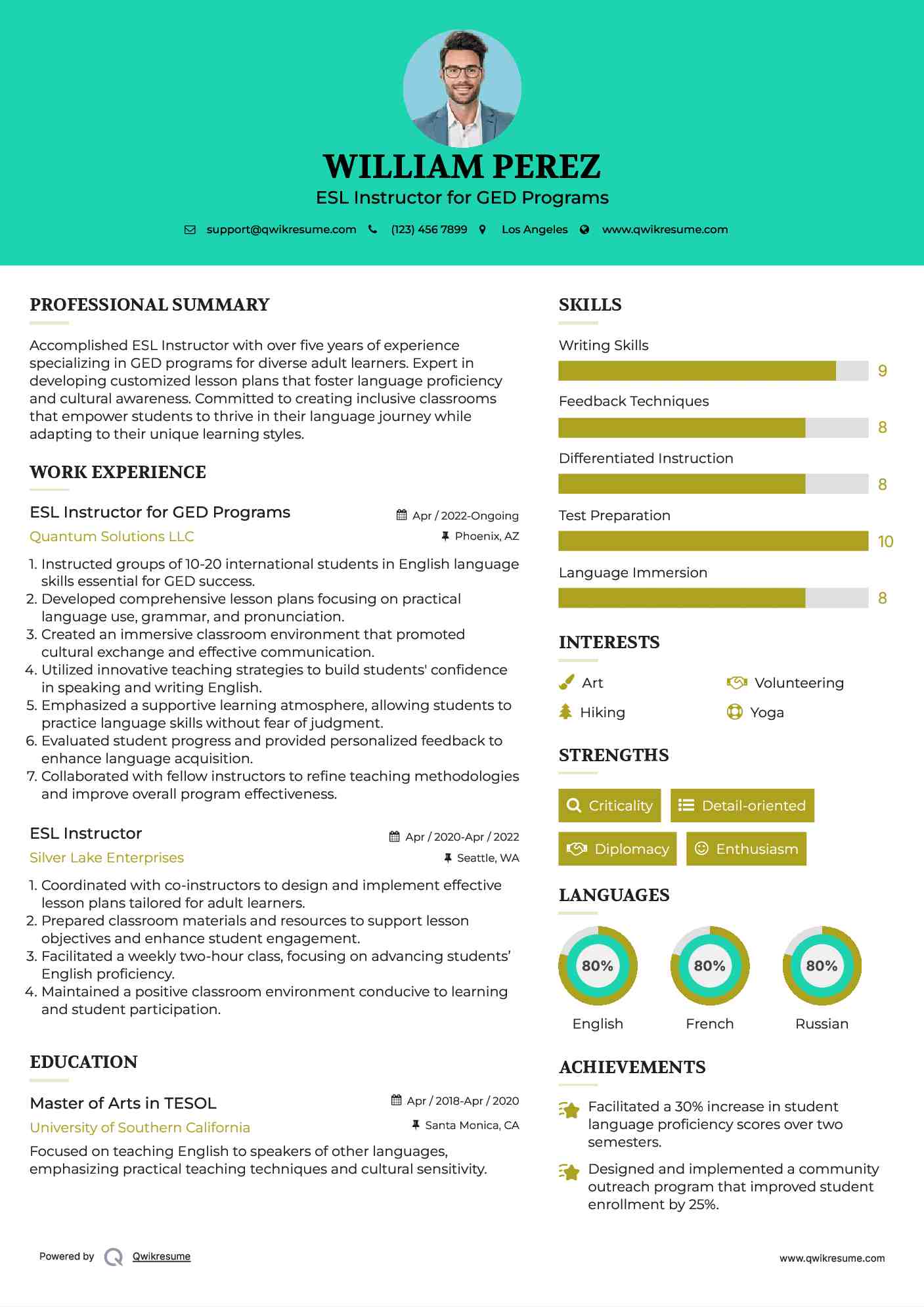 ESL Instructor for GED Programs Resume Template