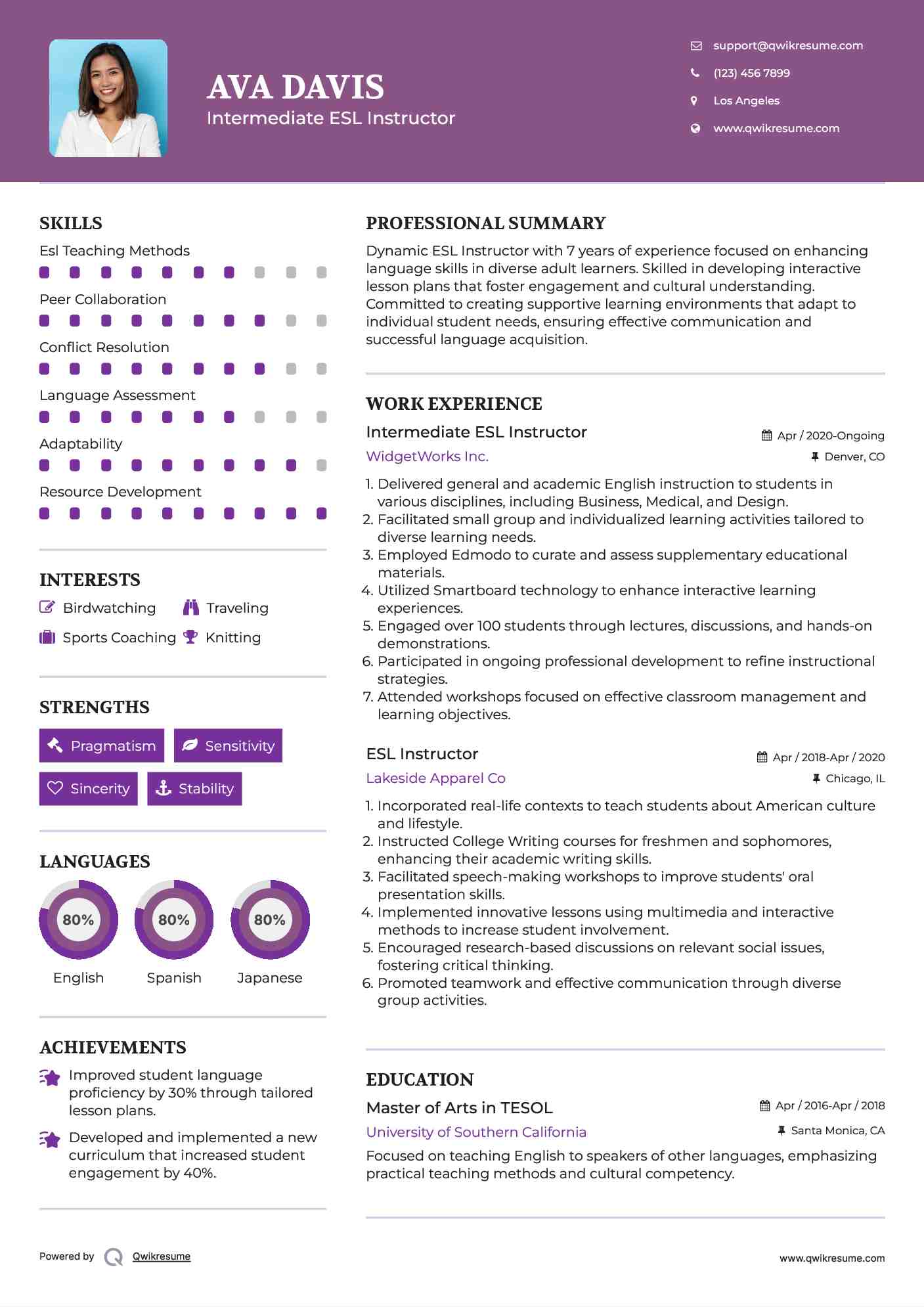 Intermediate ESL Instructor Resume Template