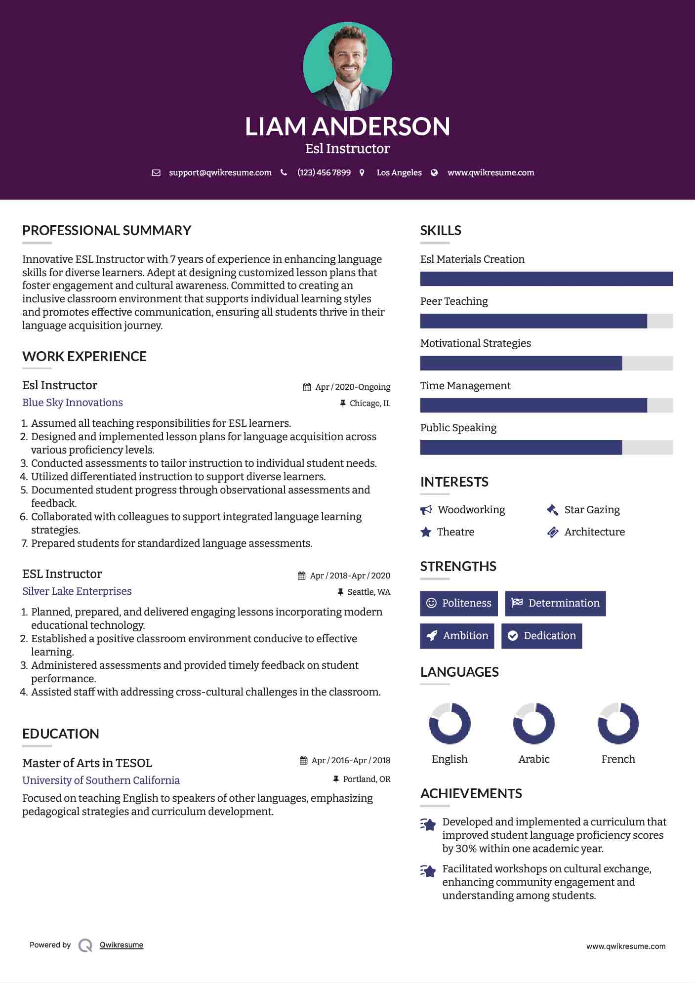 Esl Instructor Resume Template