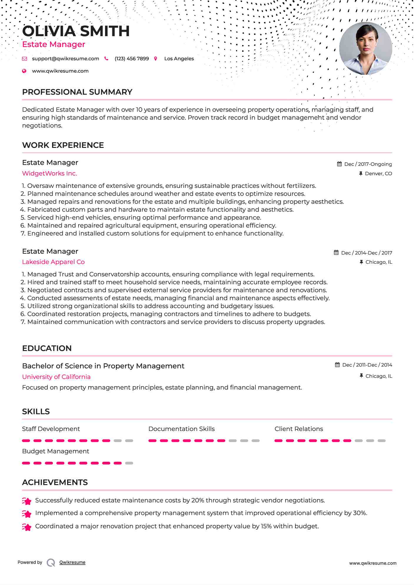 Estate Manager Resume Sample