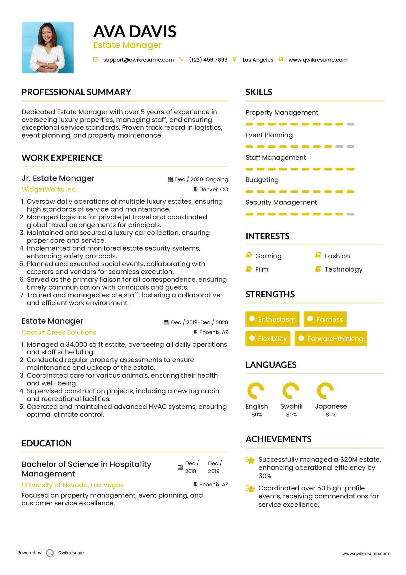 Jr. Estate Manager Resume Example