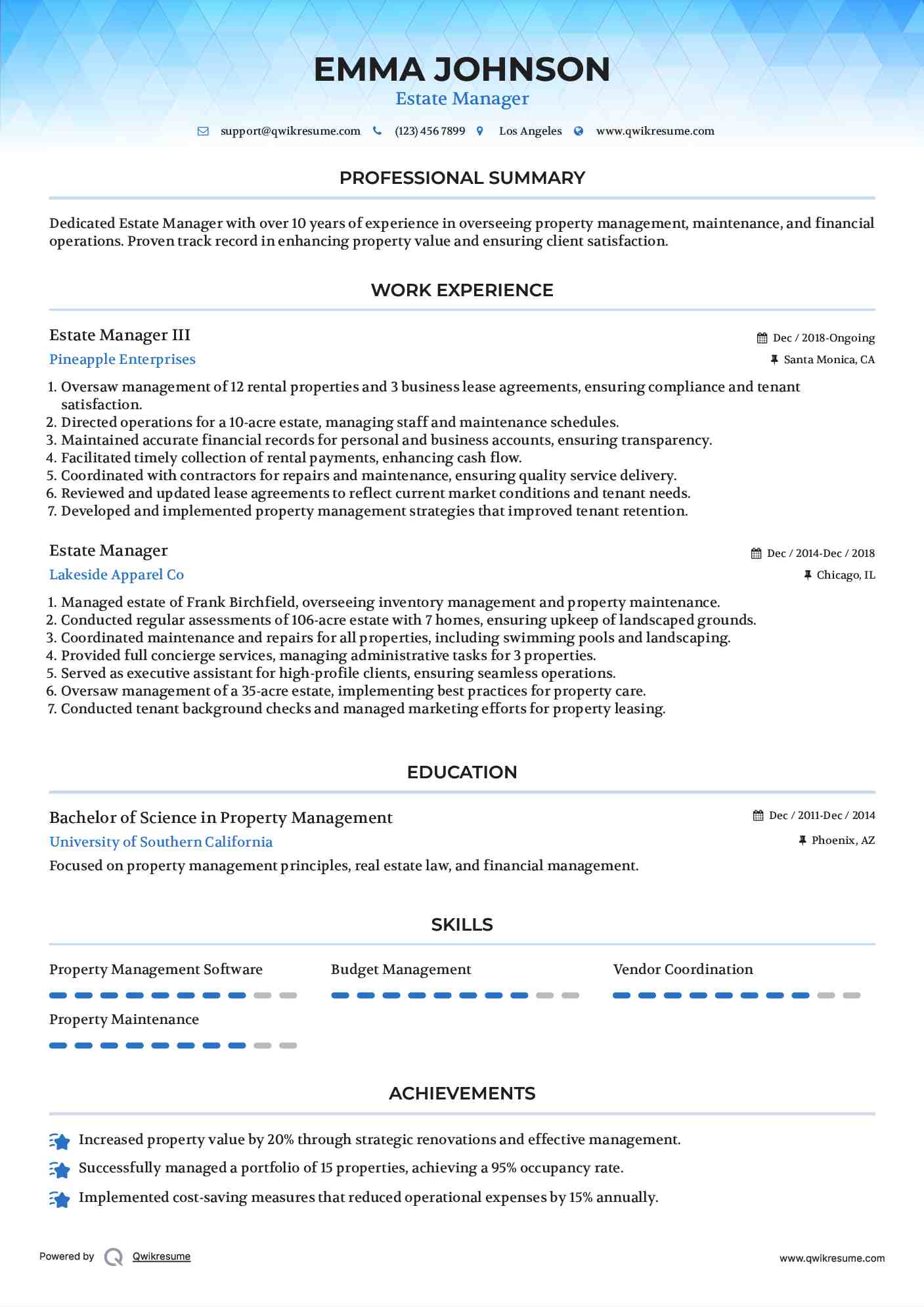 Estate Manager III Resume Sample