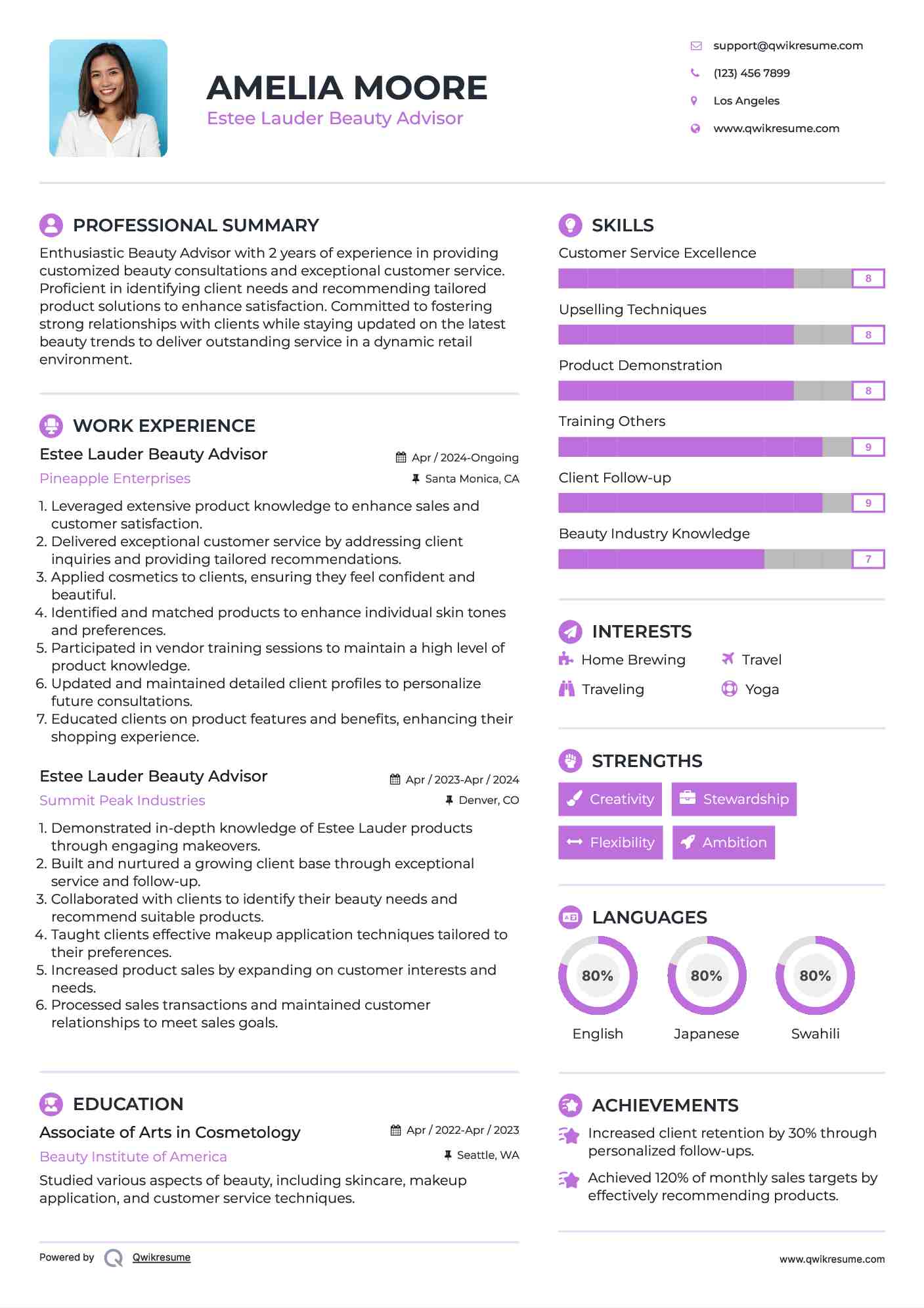Estee Lauder Beauty Advisor Resume Example