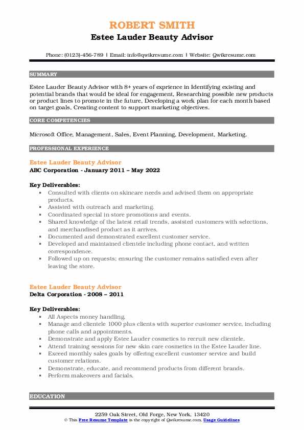 Estee Lauder Beauty Advisor Resume Samples QwikResume