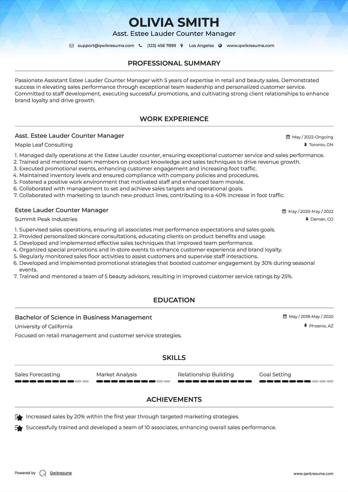 Asst. Estee Lauder Counter Manager Resume Format
