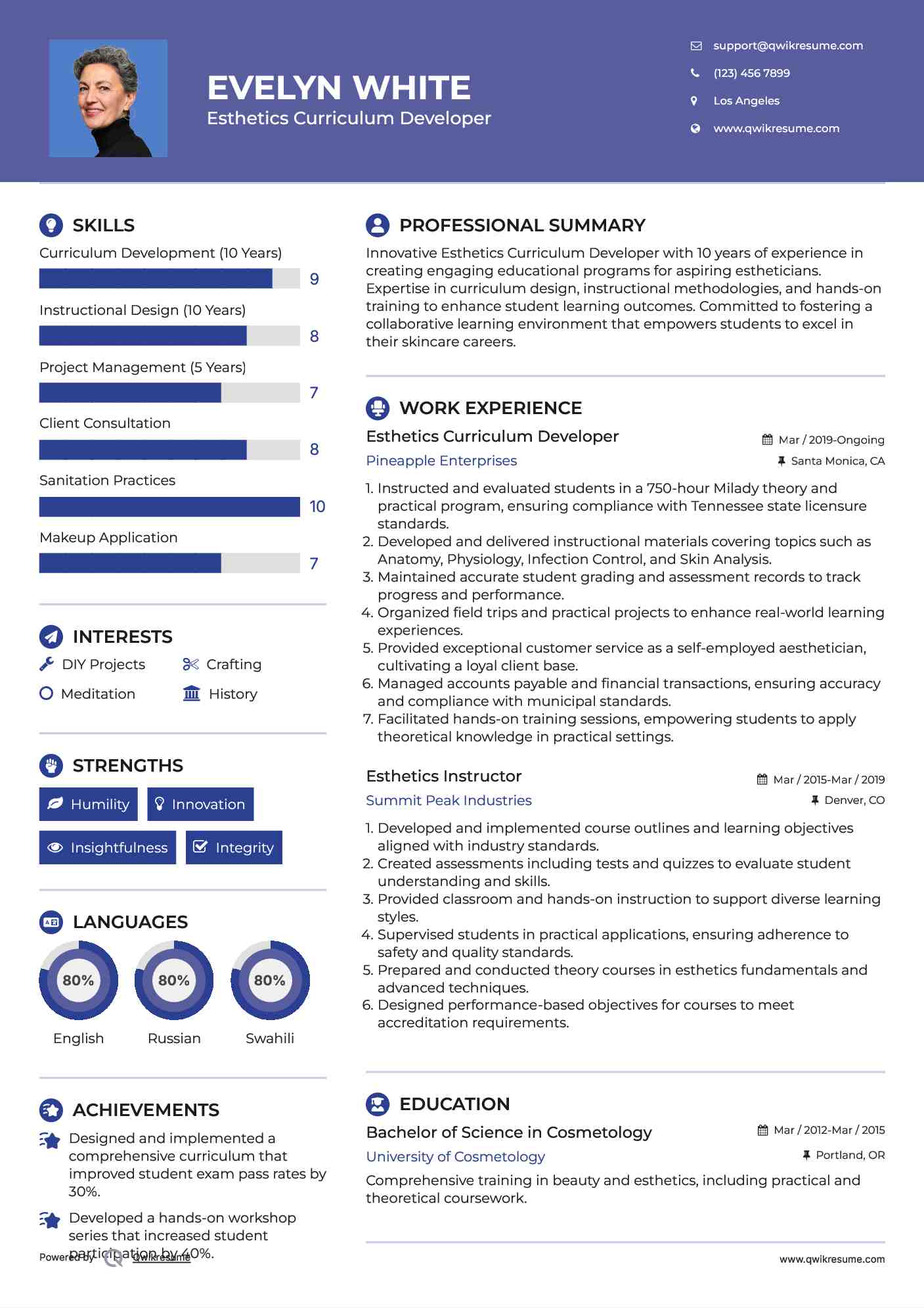 Esthetics Curriculum Developer Resume Sample