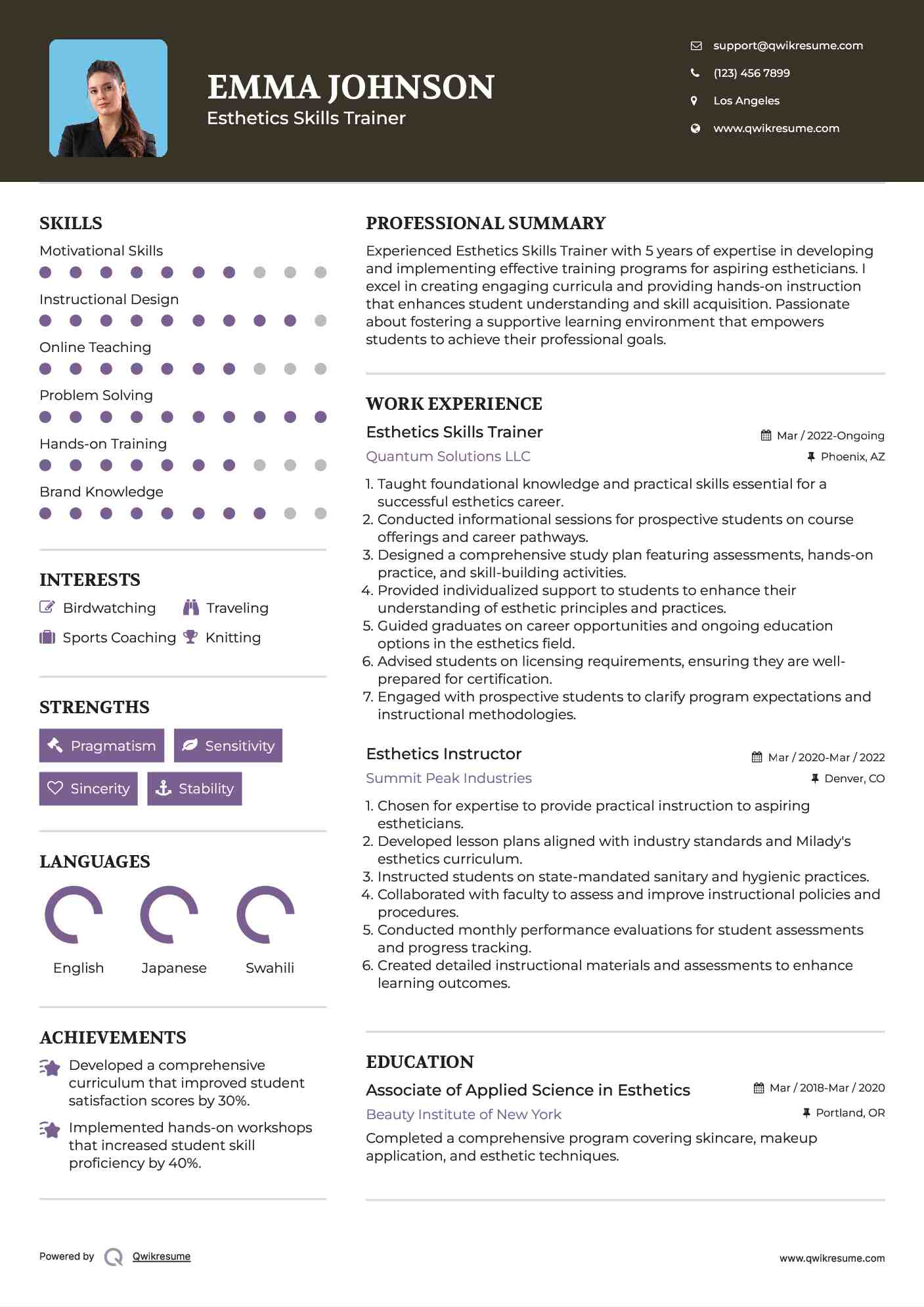 Esthetics Skills Trainer Resume Sample