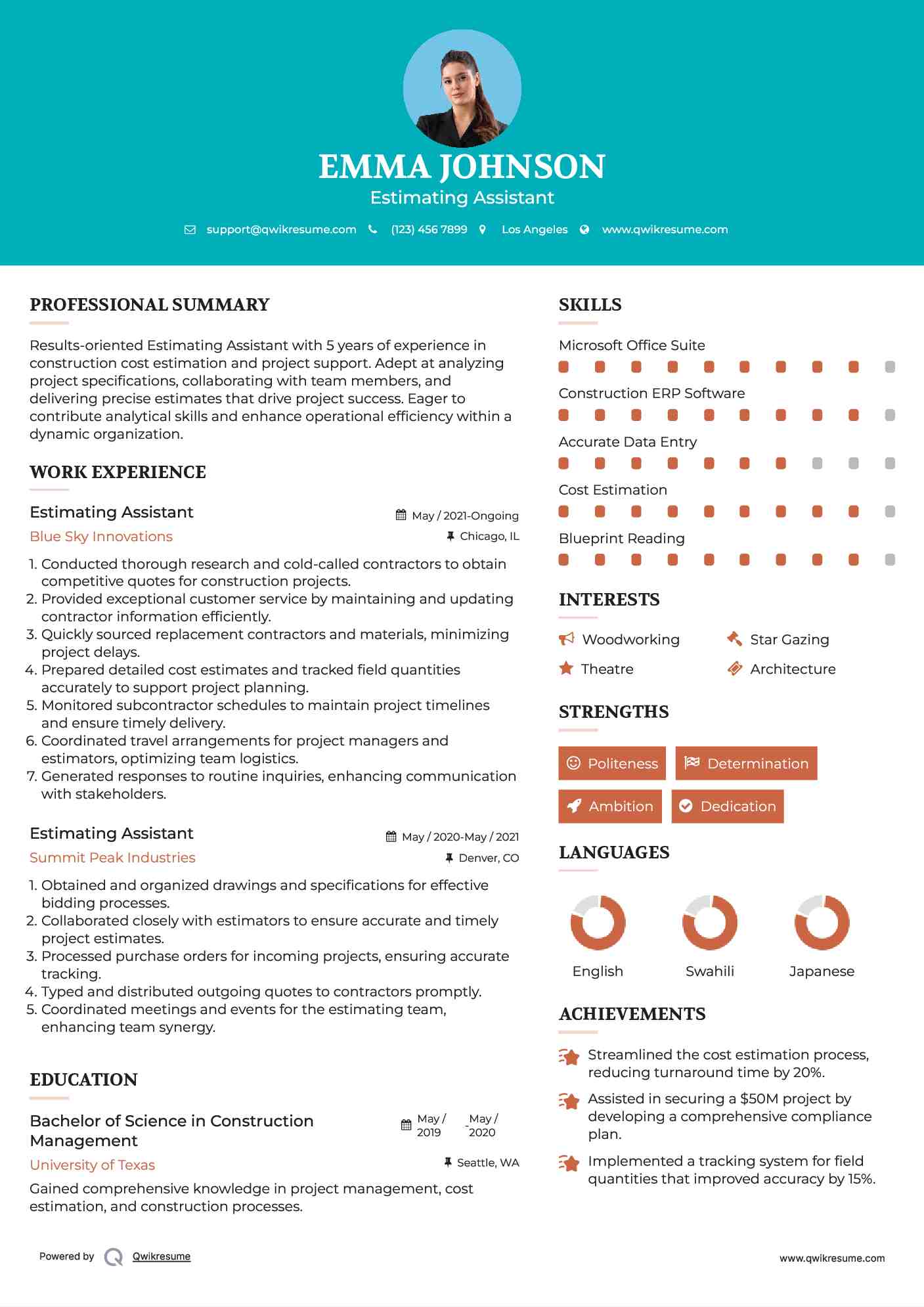 Estimating Assistant Resume Example