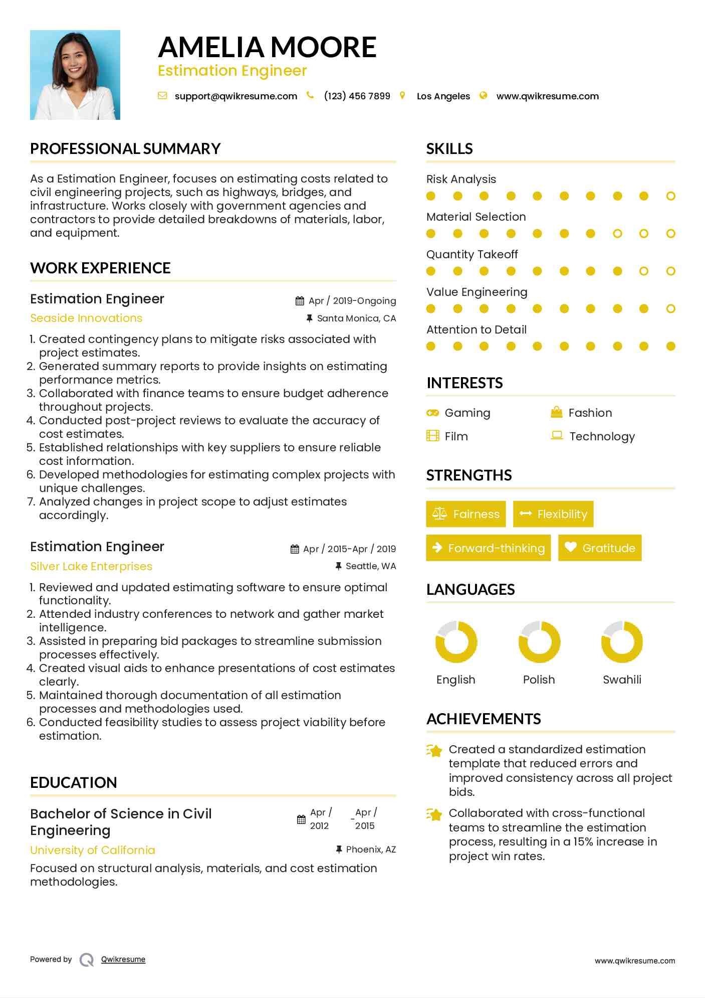 Estimation Engineer Resume Model