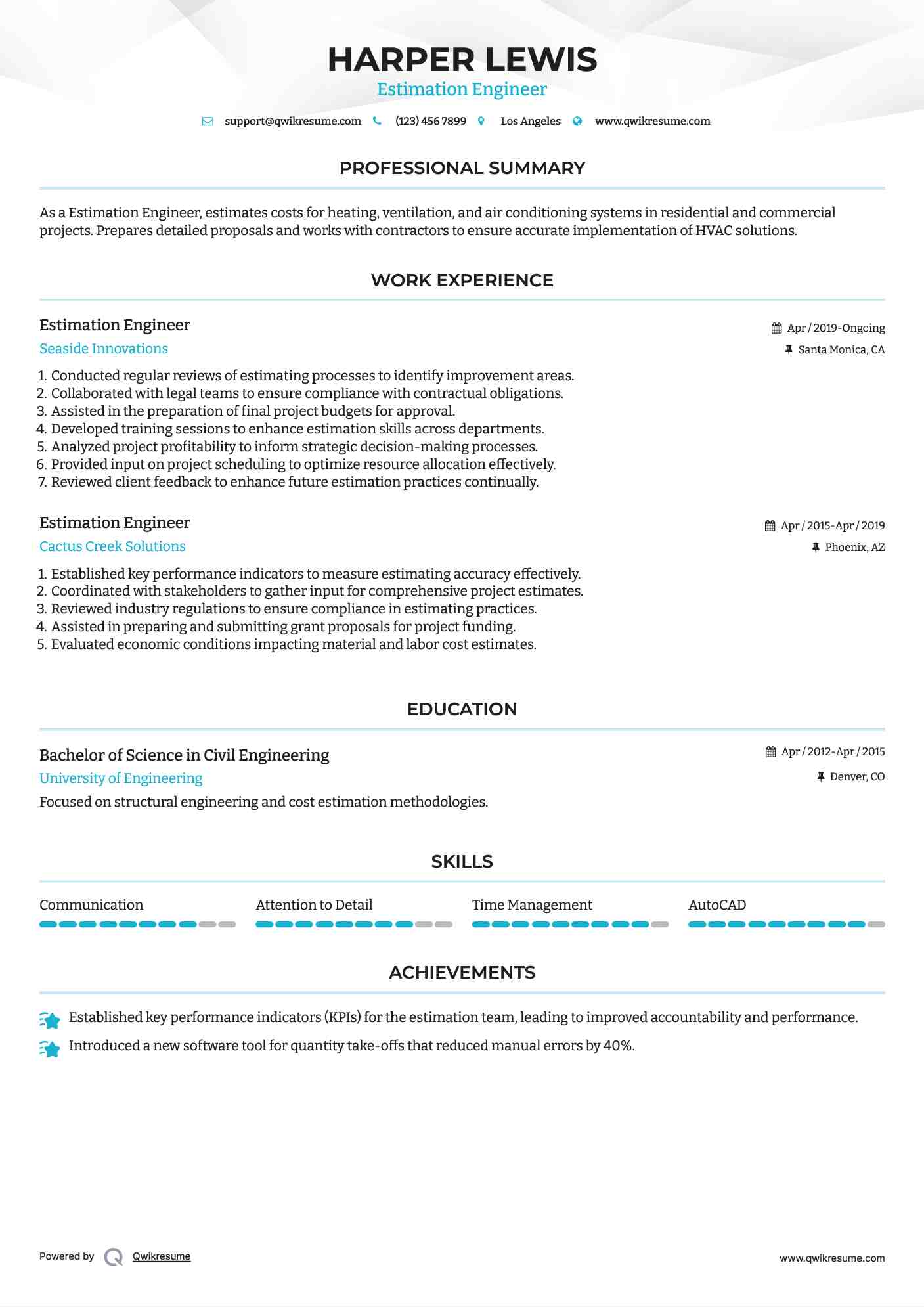 Estimation Engineer Resume Example