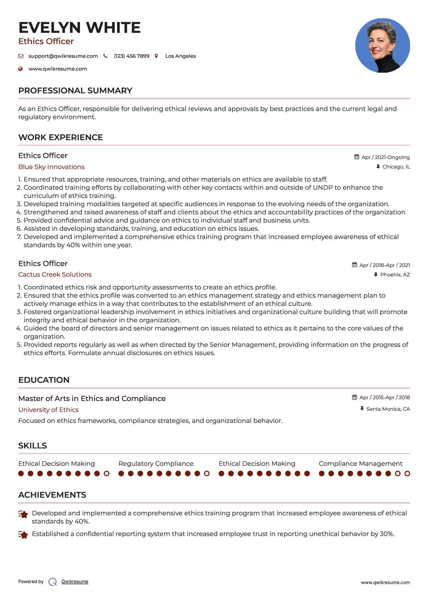 Ethics Officer Resume Model