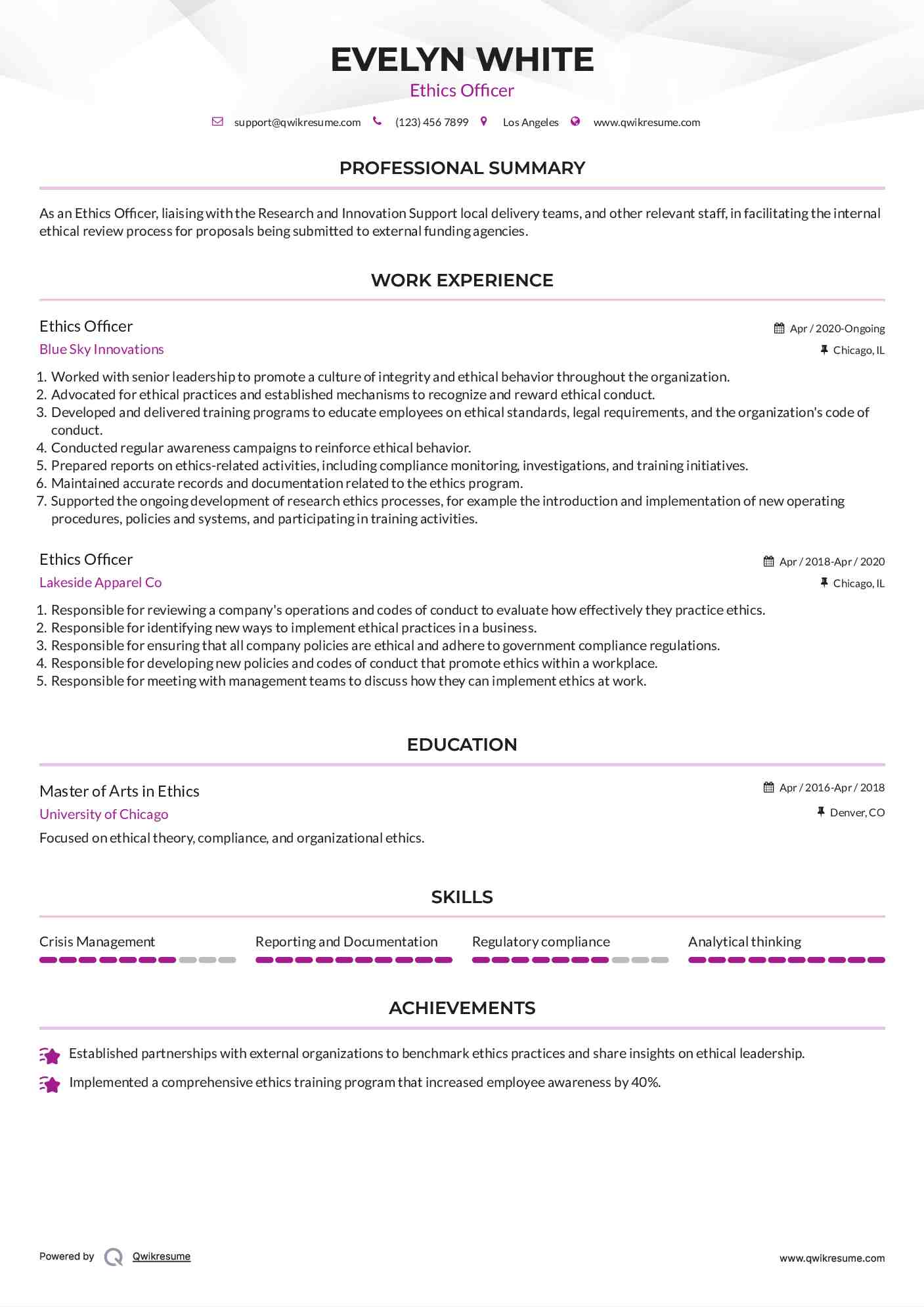 Ethics Officer Resume Model