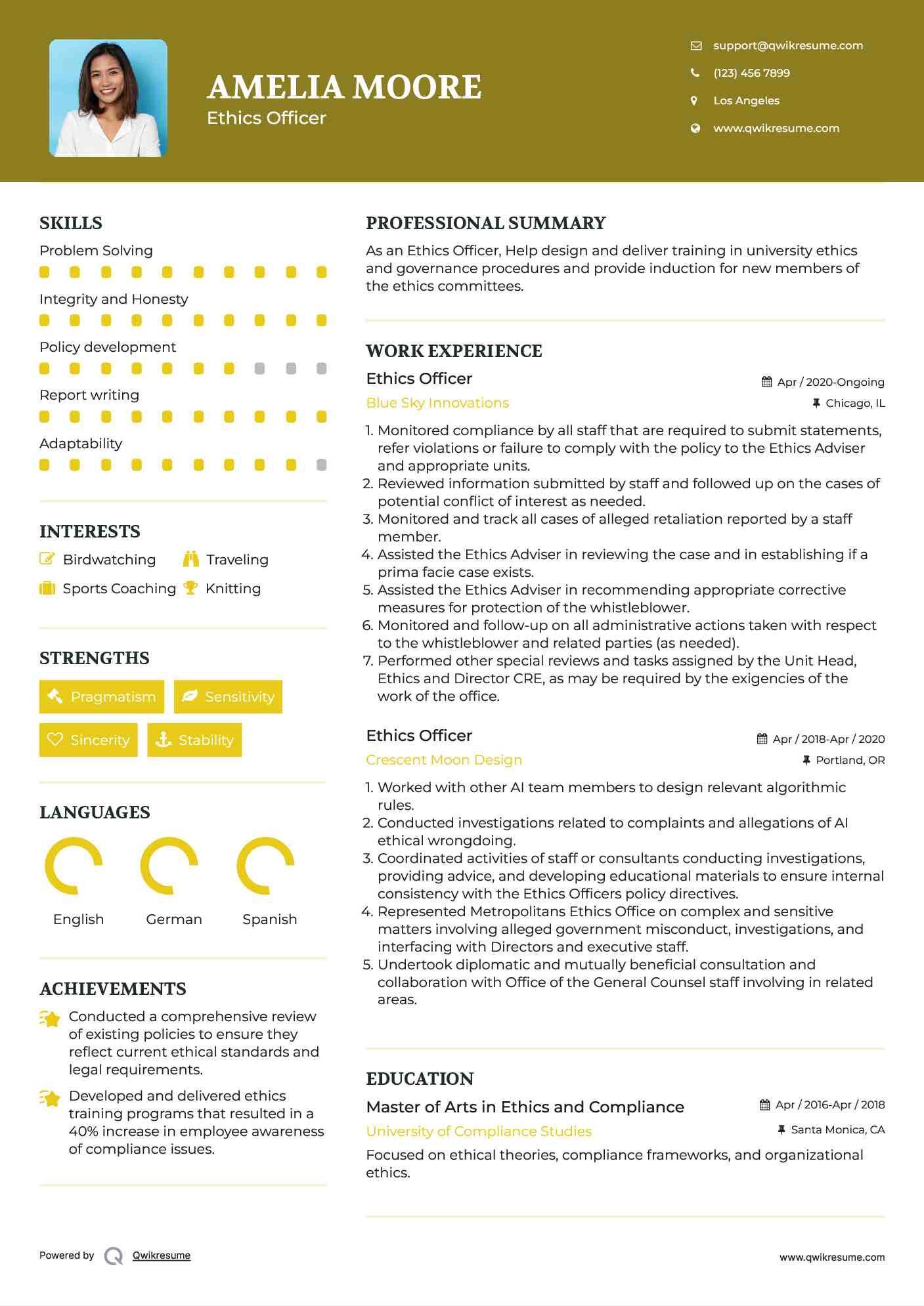 Ethics Officer Resume Sample