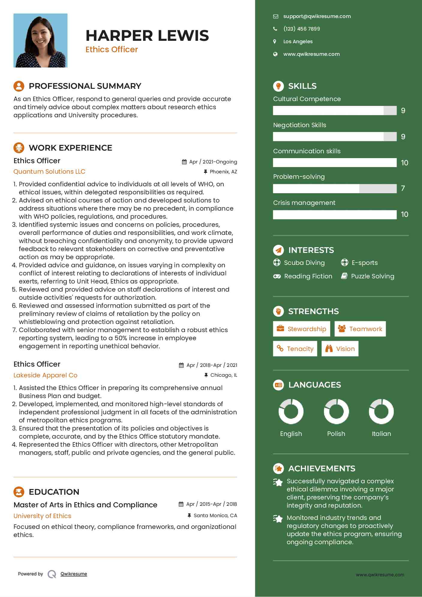 Ethics Officer Resume Format