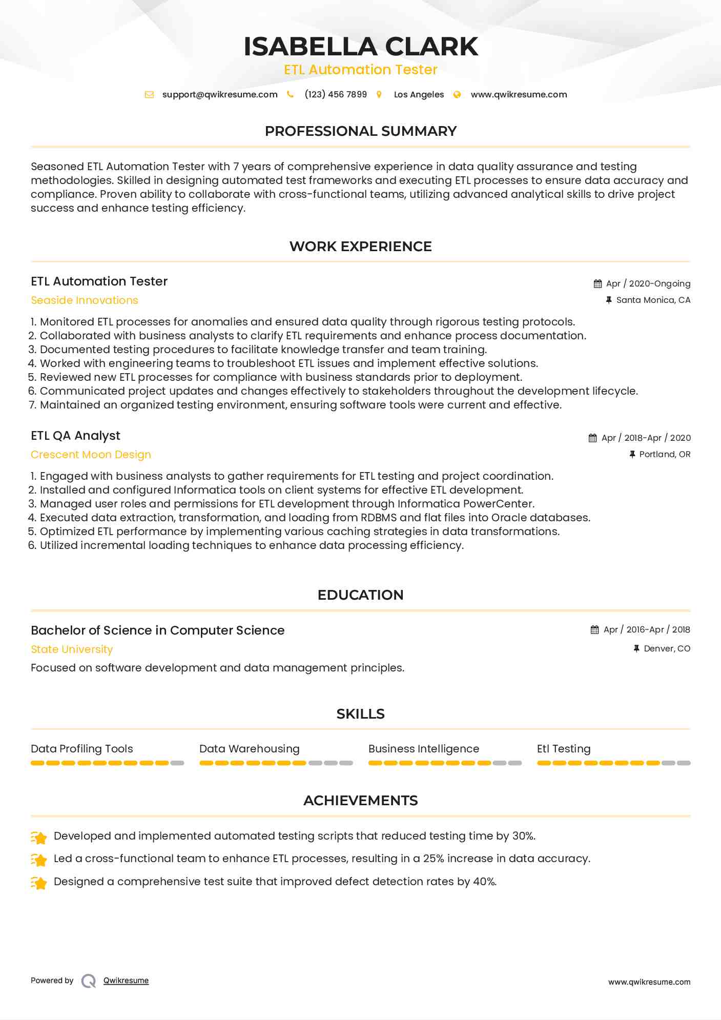 ETL Automation Tester Resume Format