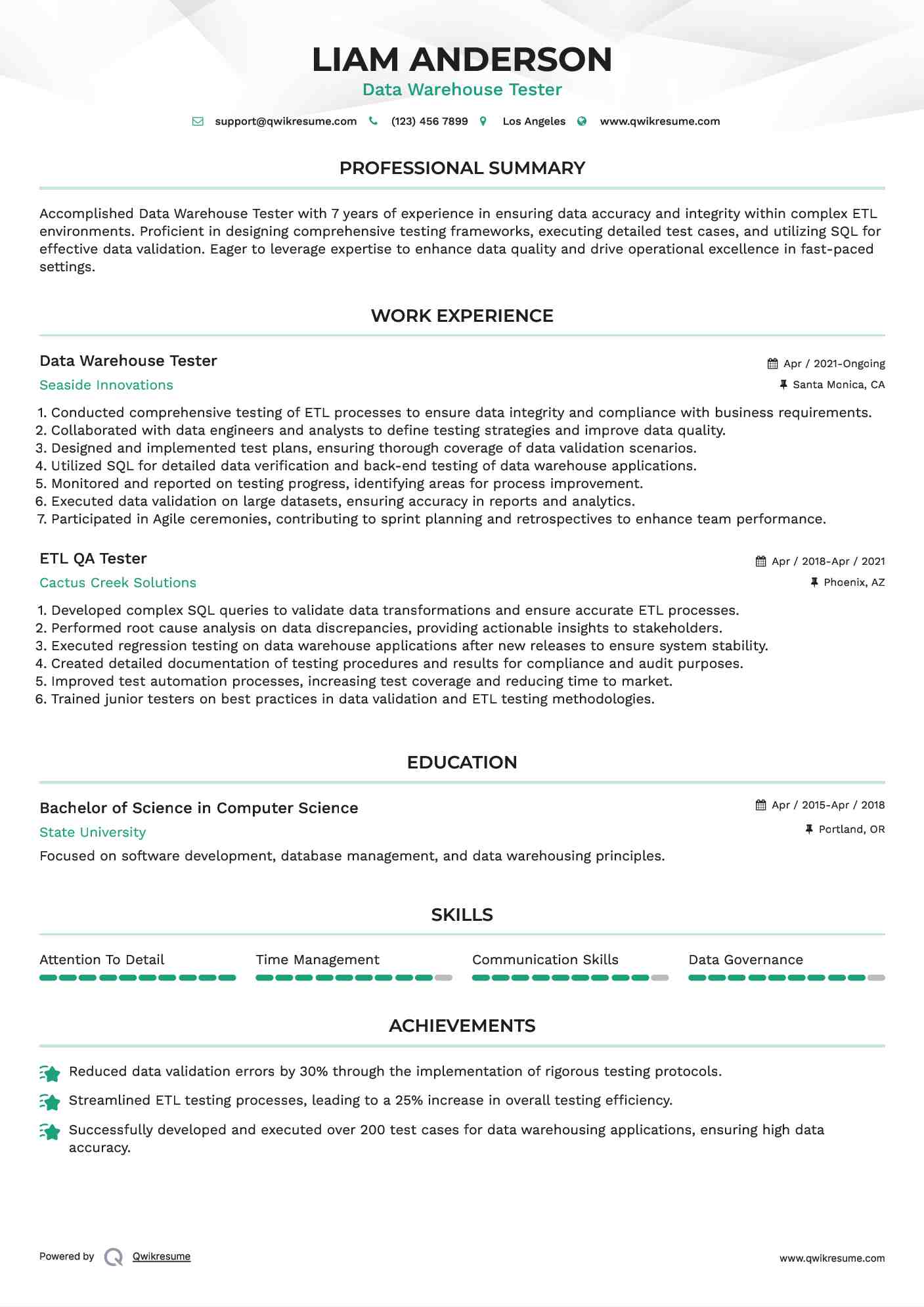 Data Warehouse Tester Resume Sample