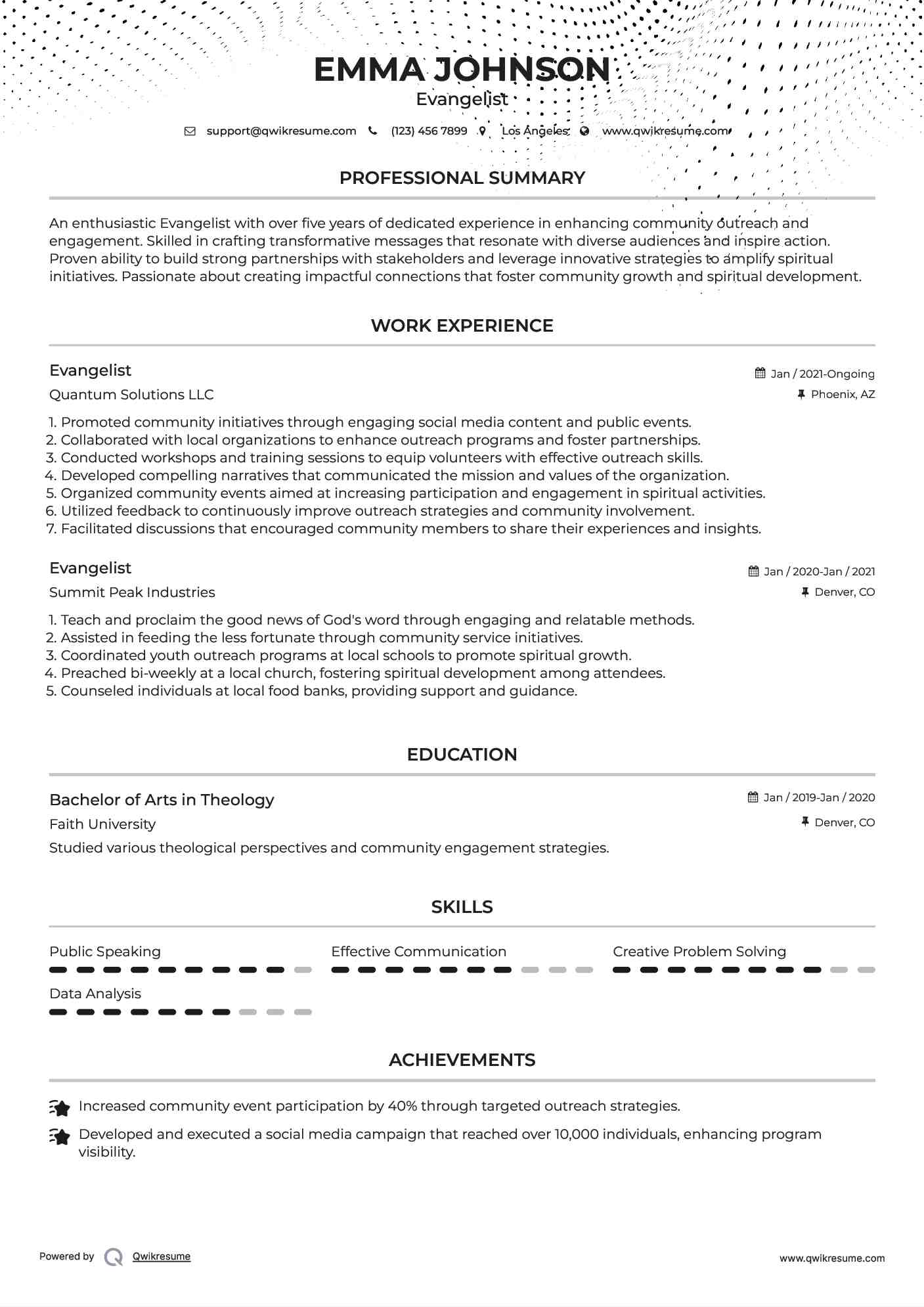 Evangelist Resume Model