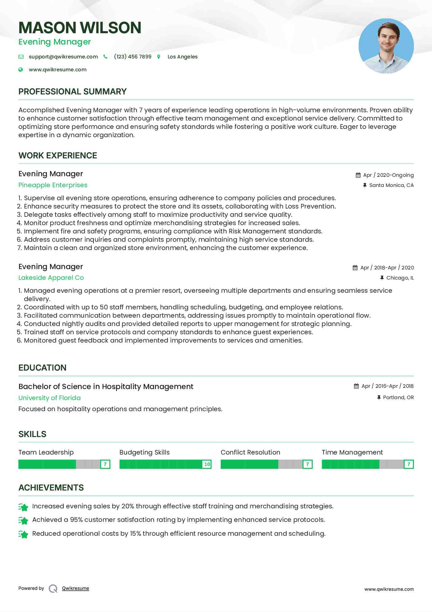 Evening Manager Resume Format