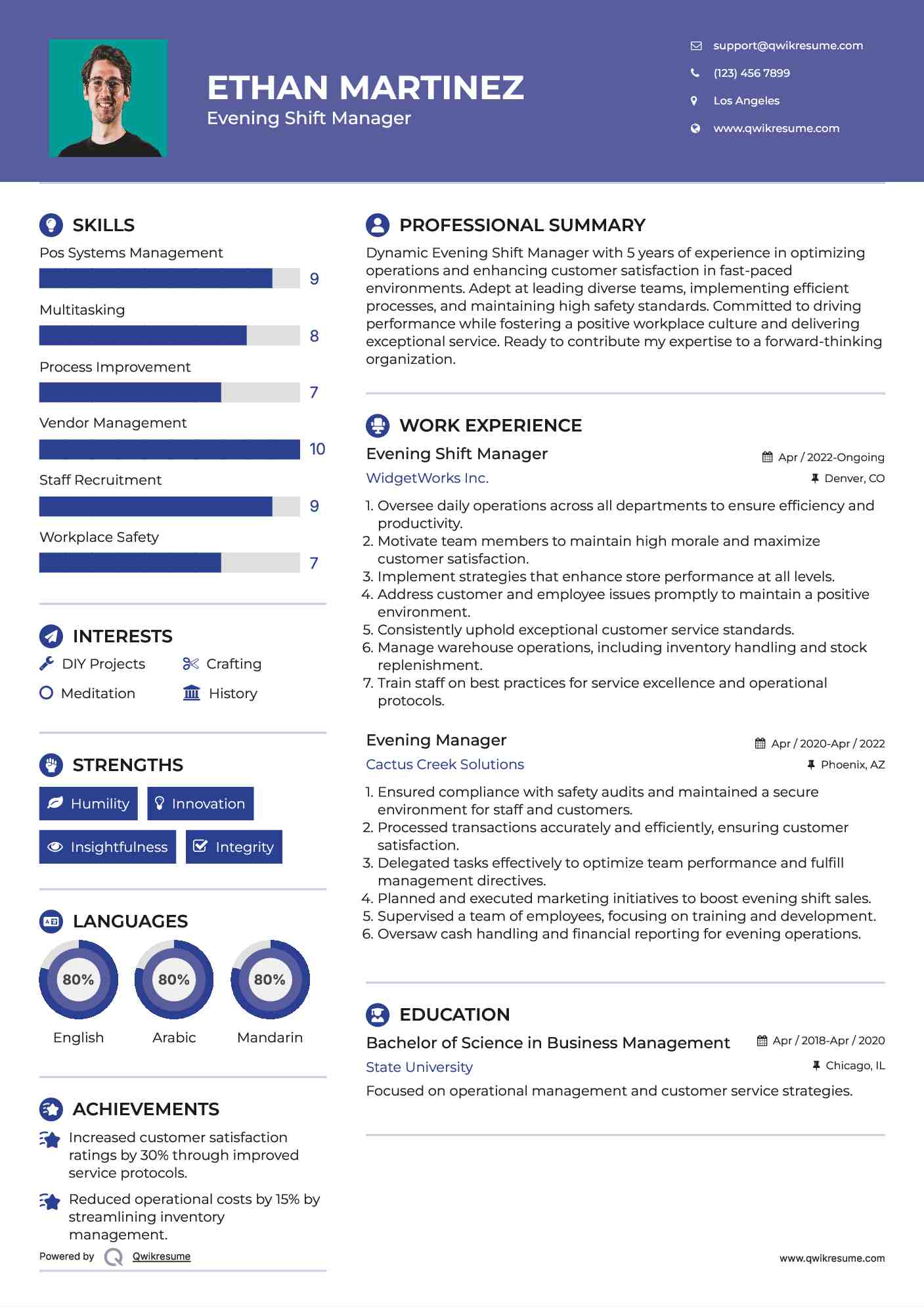 Evening Shift Manager Resume Template