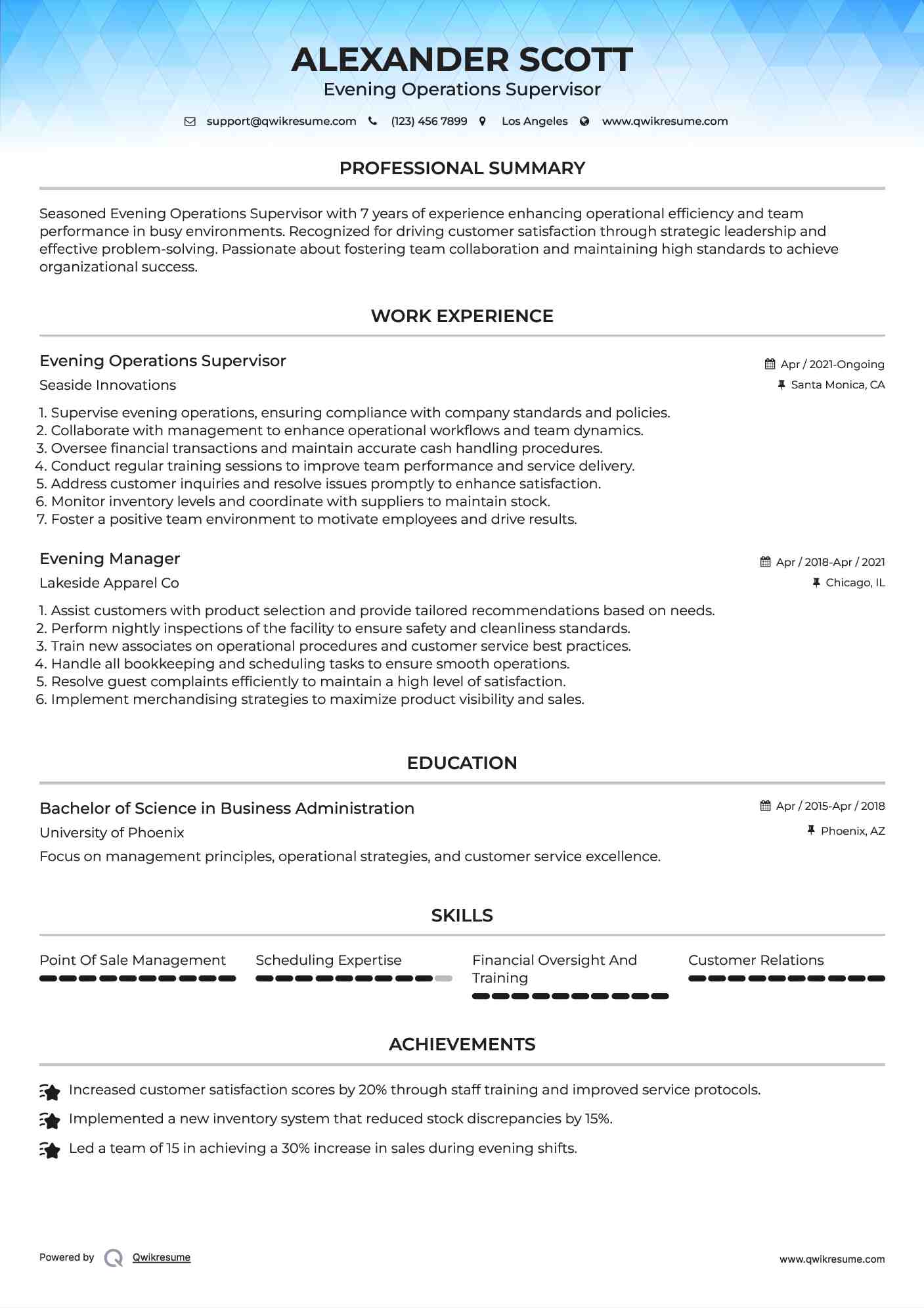 Evening Operations Supervisor Resume Format