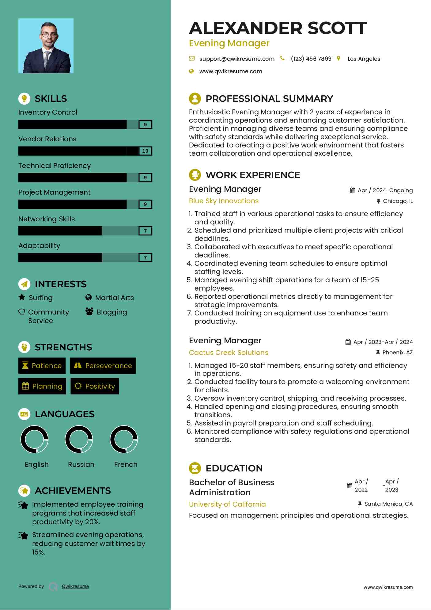 Evening Manager Resume Format