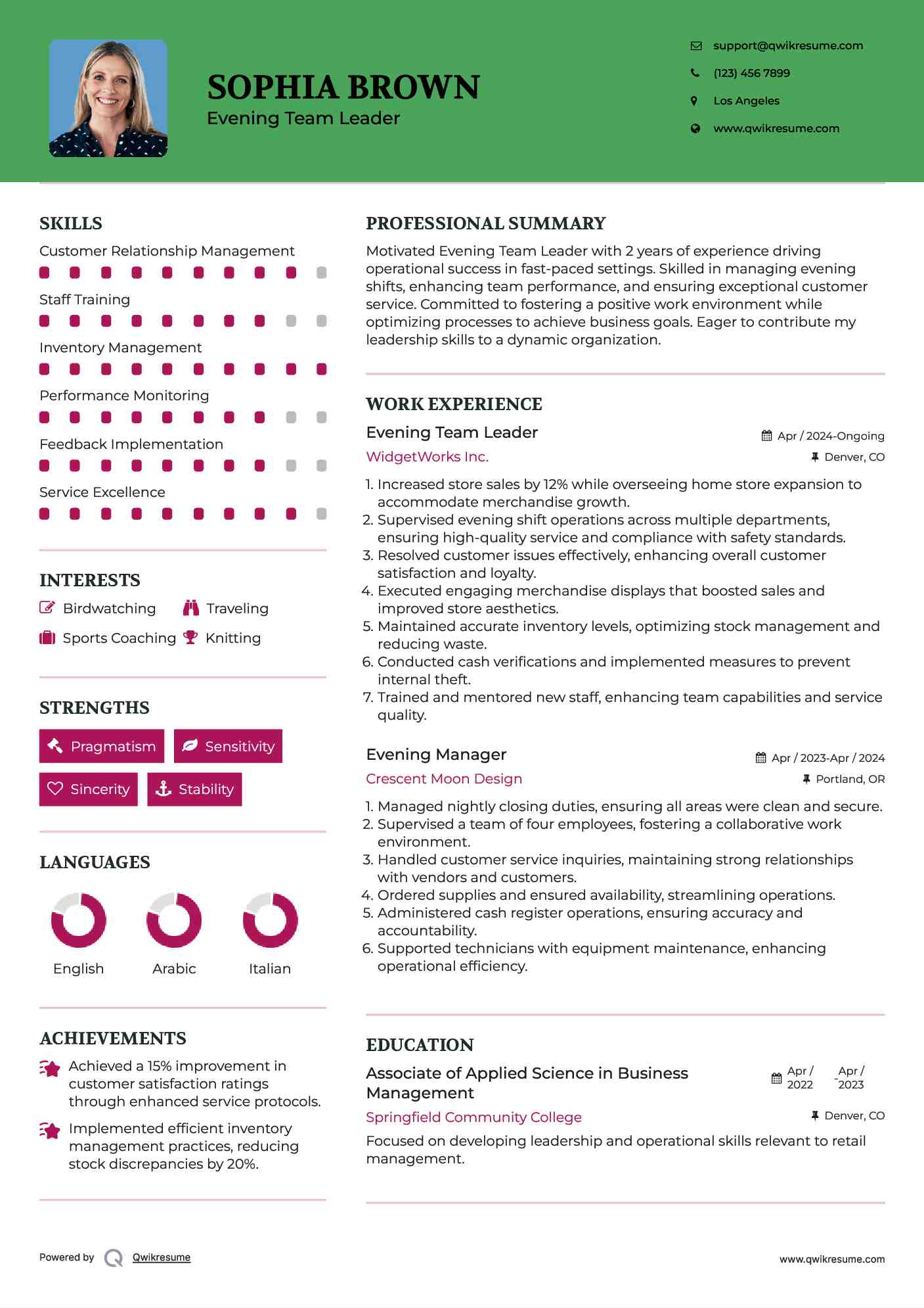 Evening Team Leader Resume Template