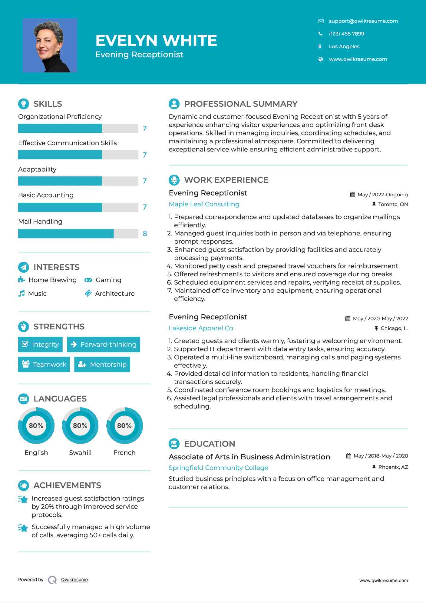 Evening Receptionist Resume Example