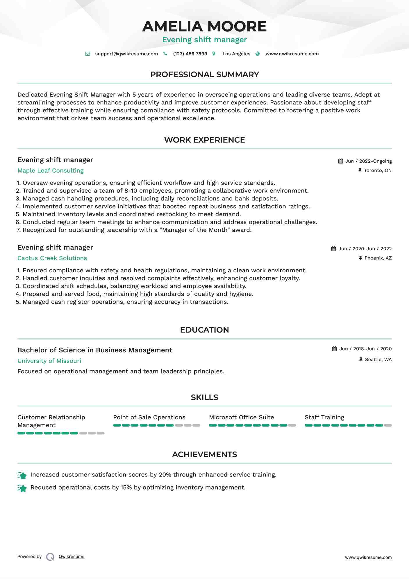 Evening shift manager Resume Template