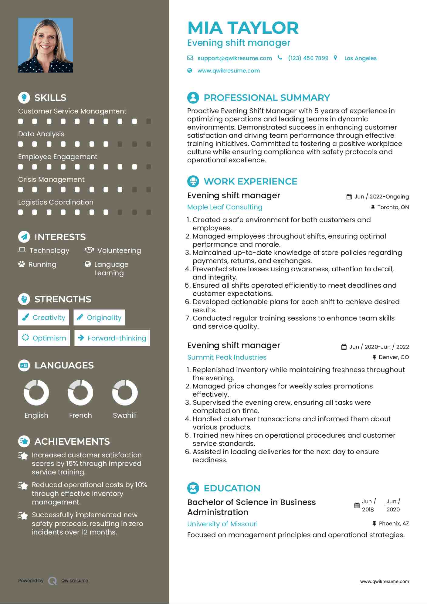 Evening shift manager Resume Example