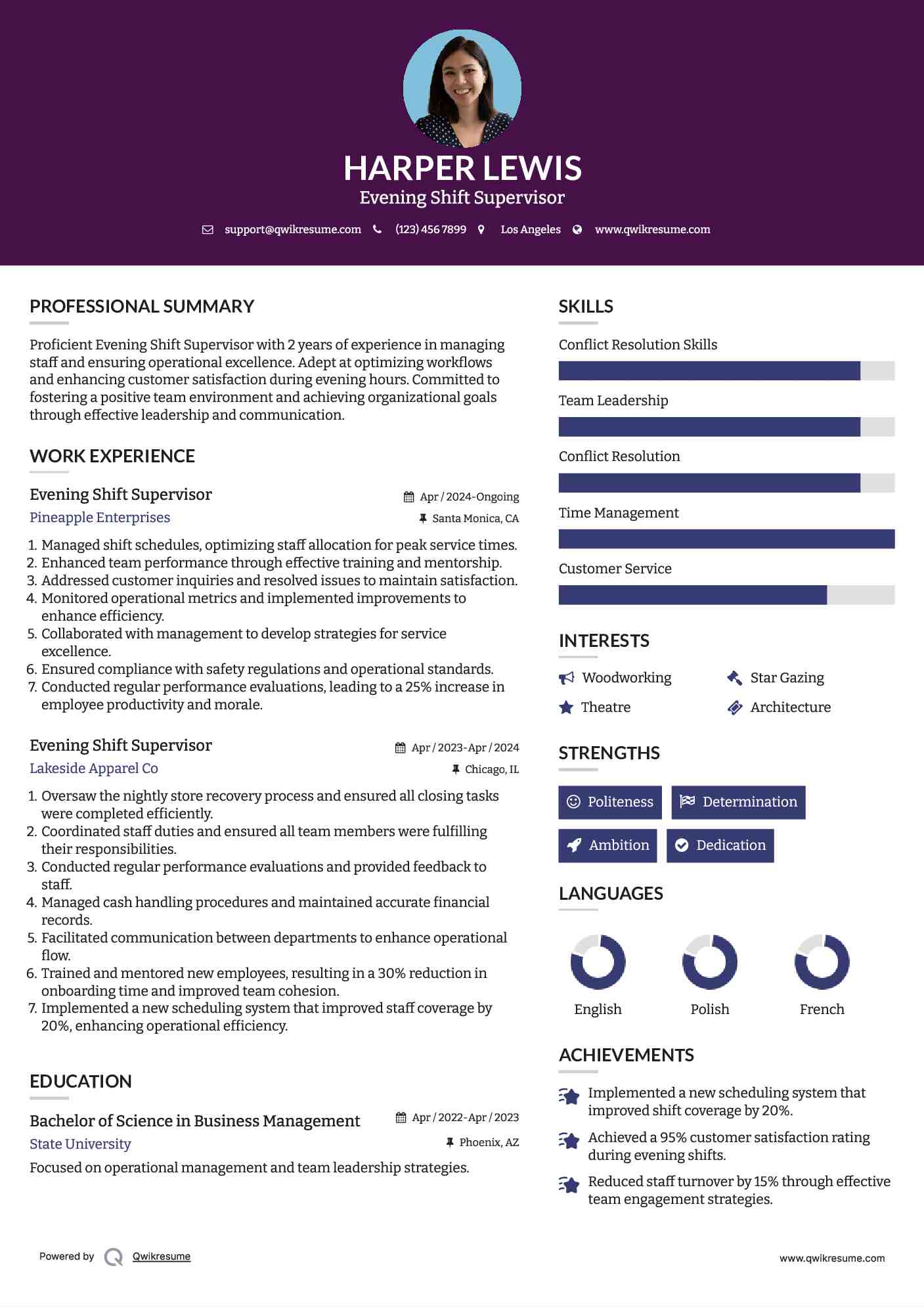 Evening Shift Supervisor Resume Template