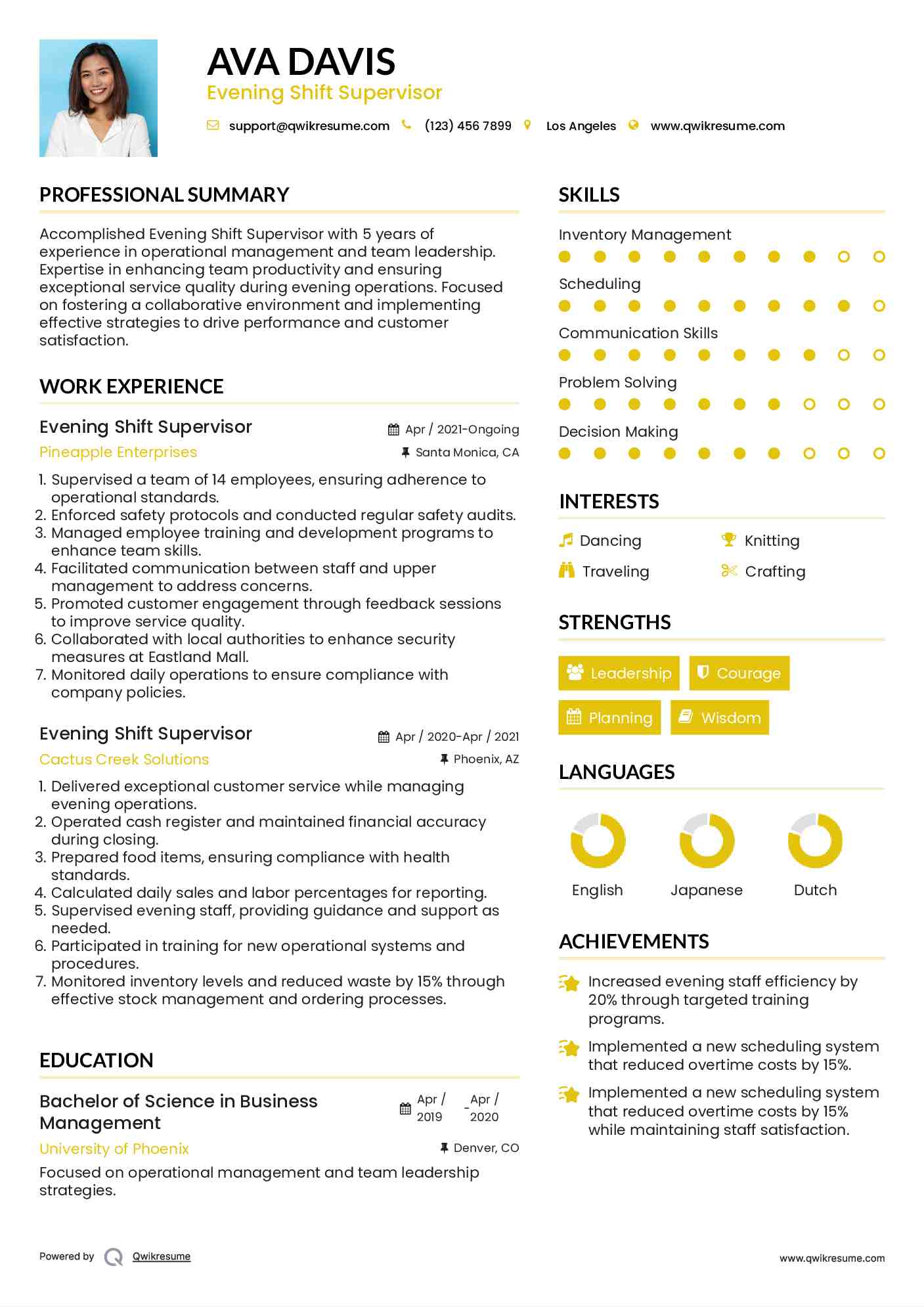 Evening Shift Supervisor Resume Model