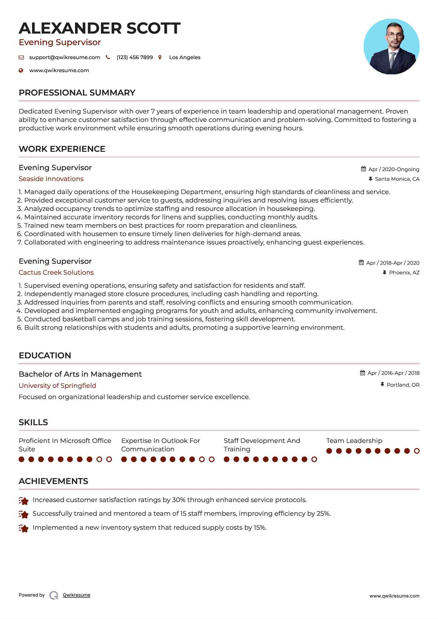 Evening Supervisor Resume Template