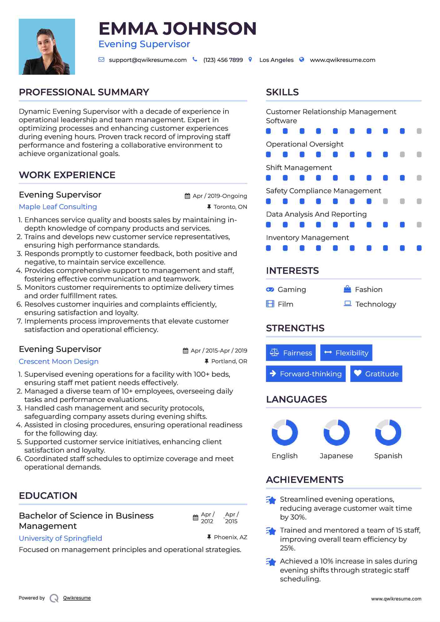 Evening Supervisor Resume Sample
