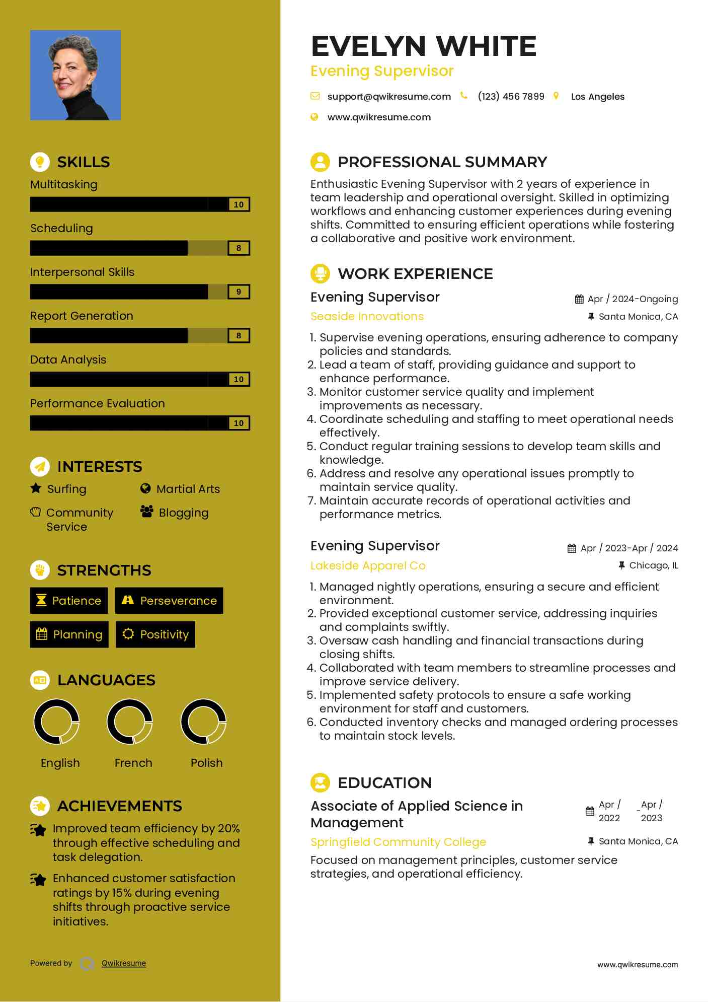 Evening Supervisor Resume Format