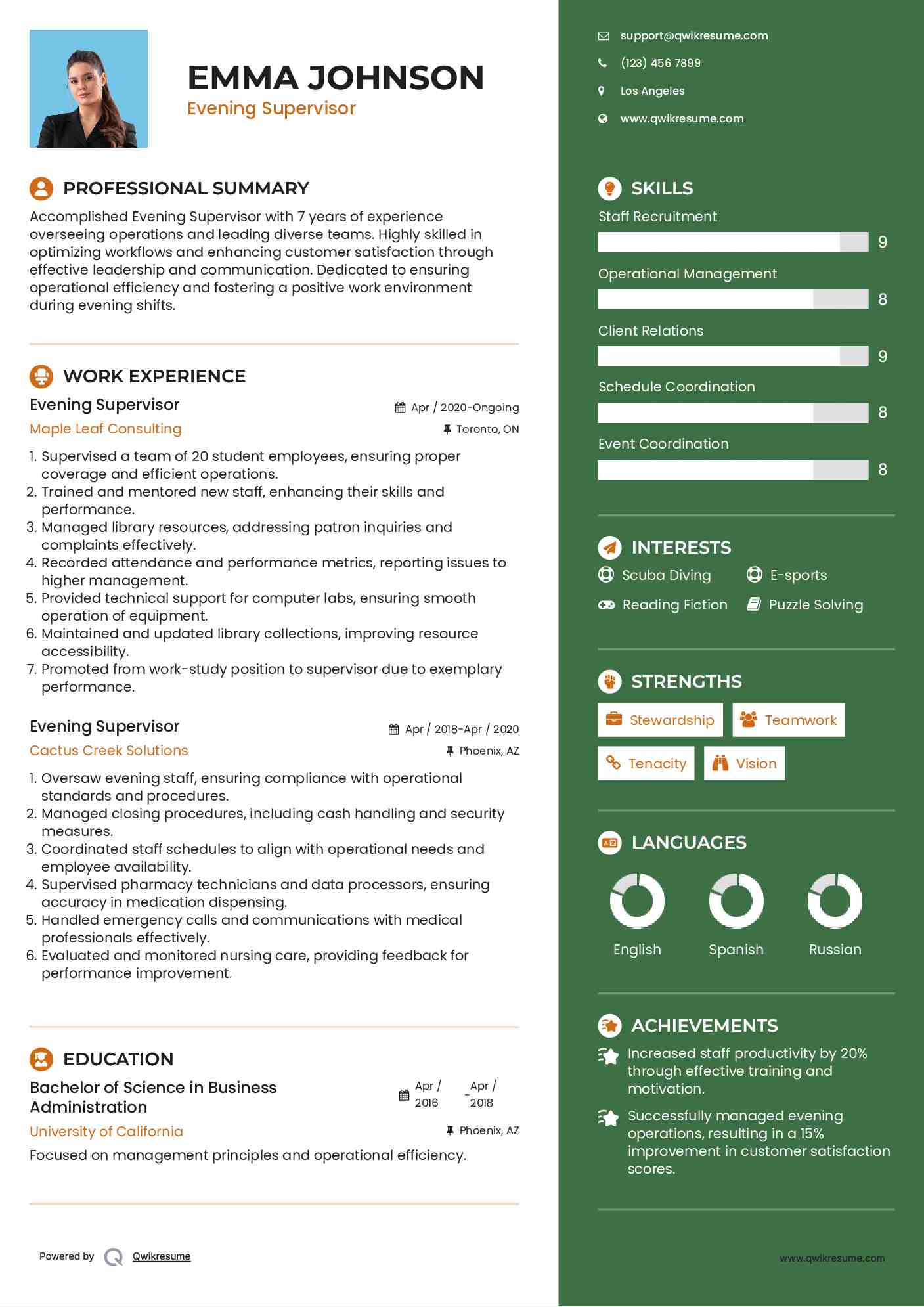 Evening Supervisor Resume Example