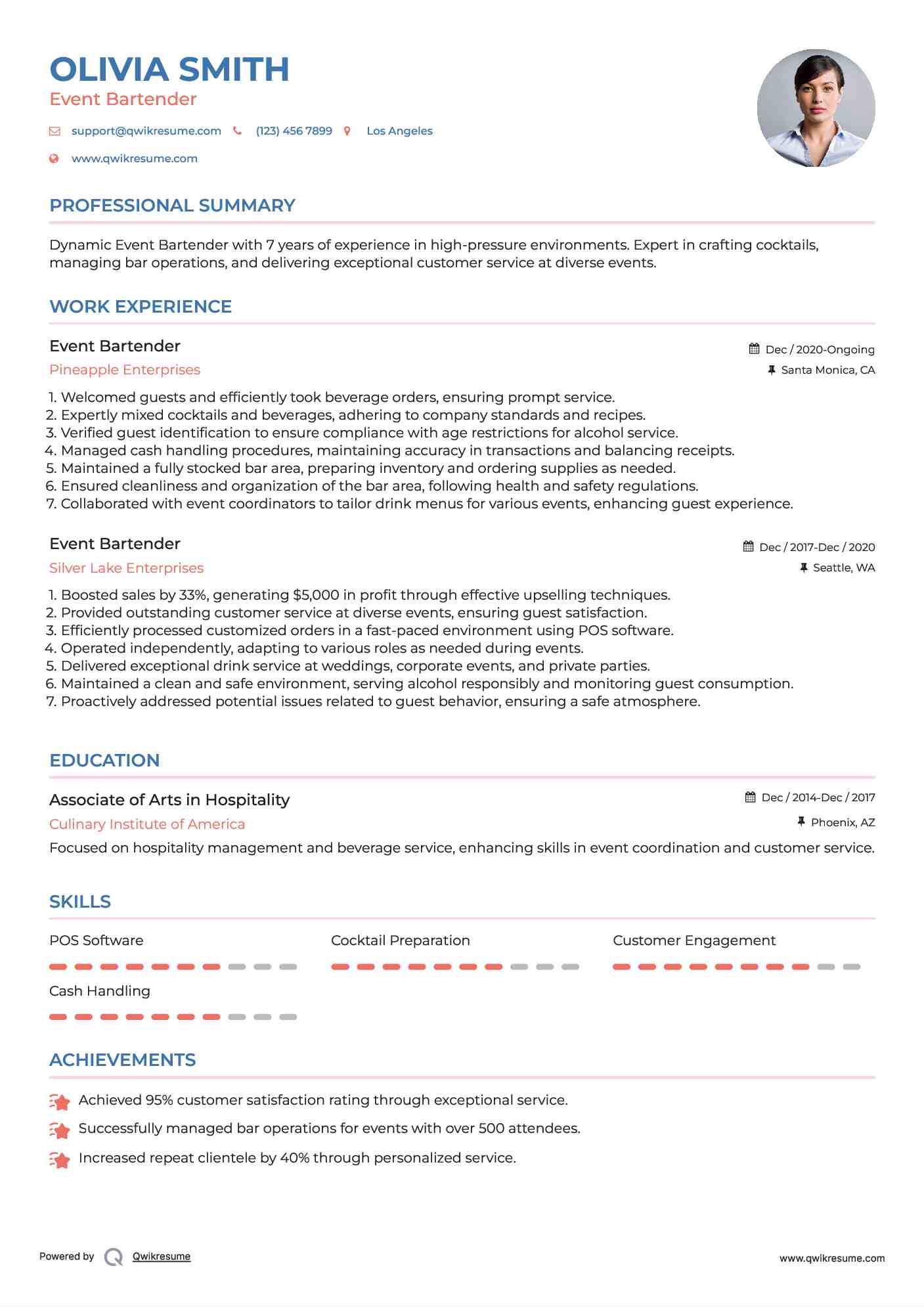 Event Bartender Resume Example