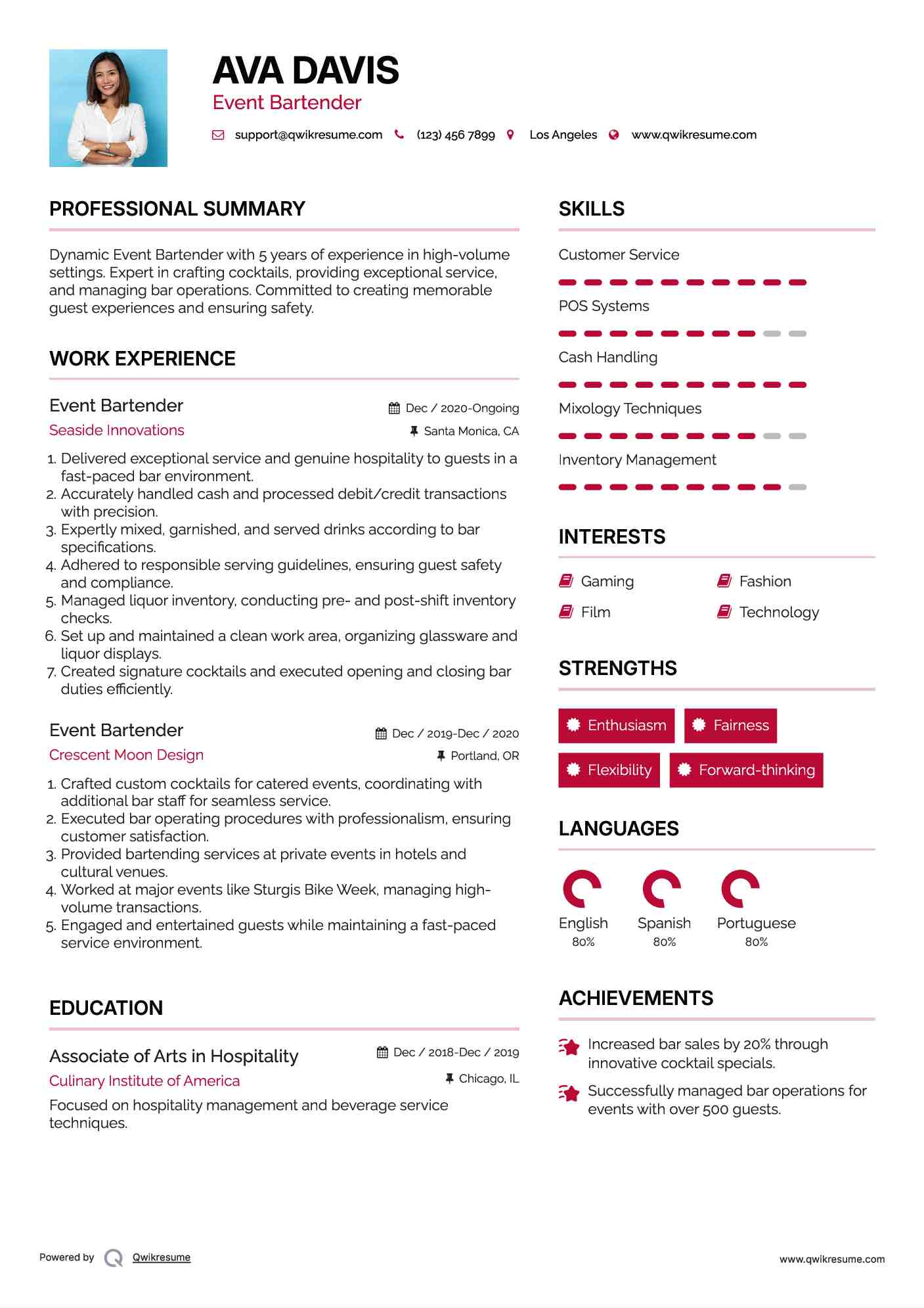 Event Bartender Resume Example