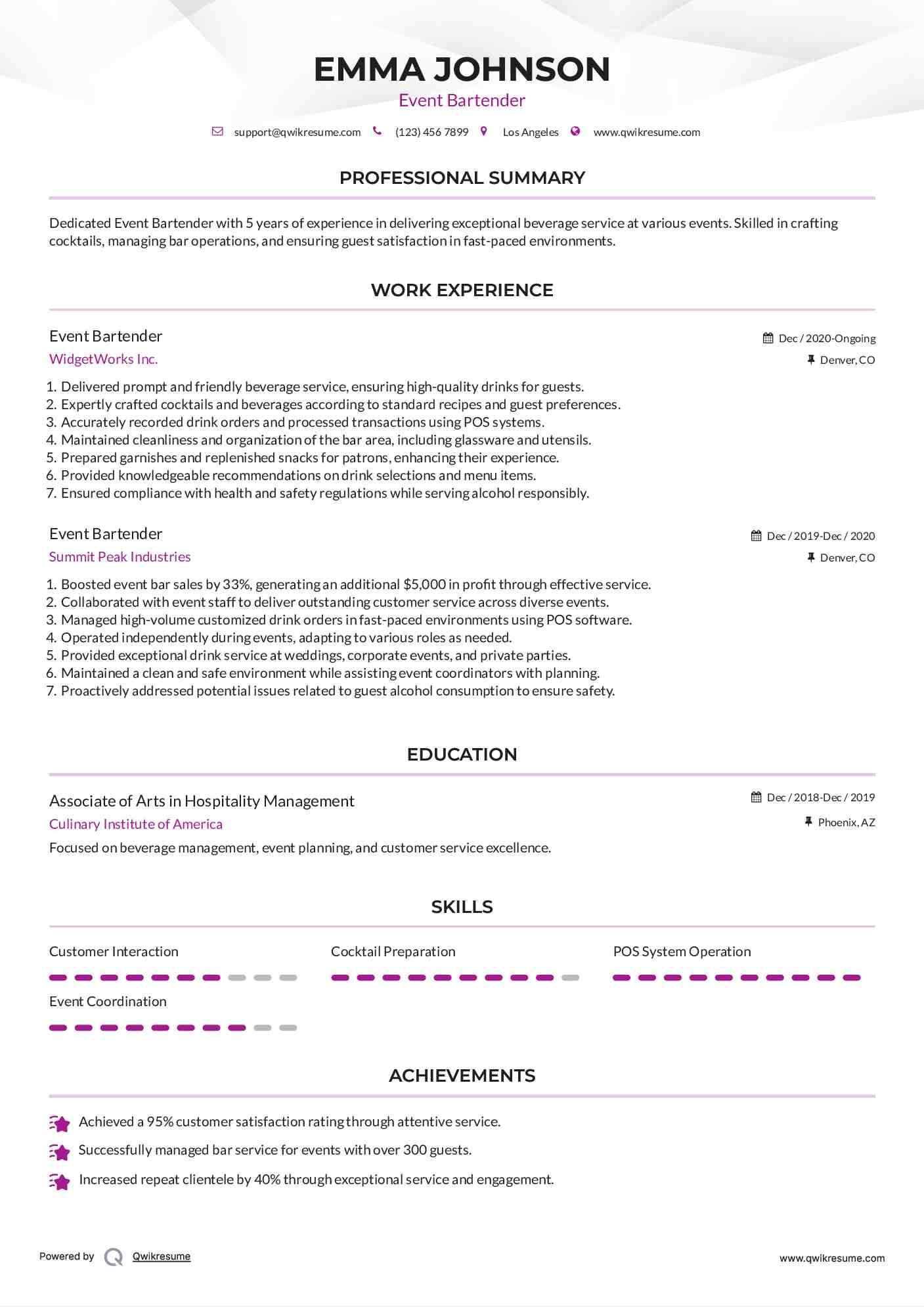 Event Bartender Resume Model