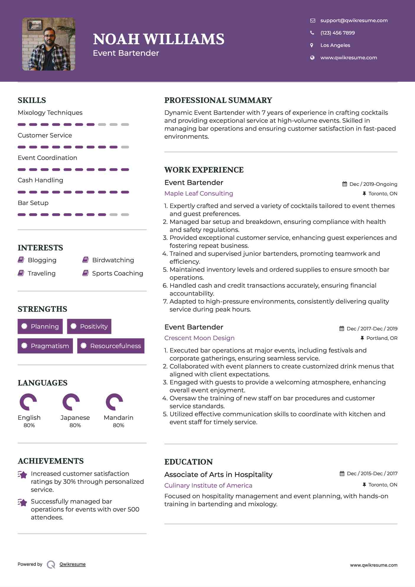 Event Bartender Resume Example