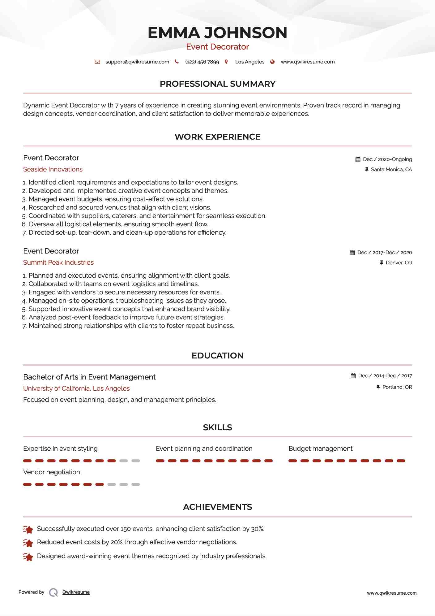 Event Decorator Resume Example