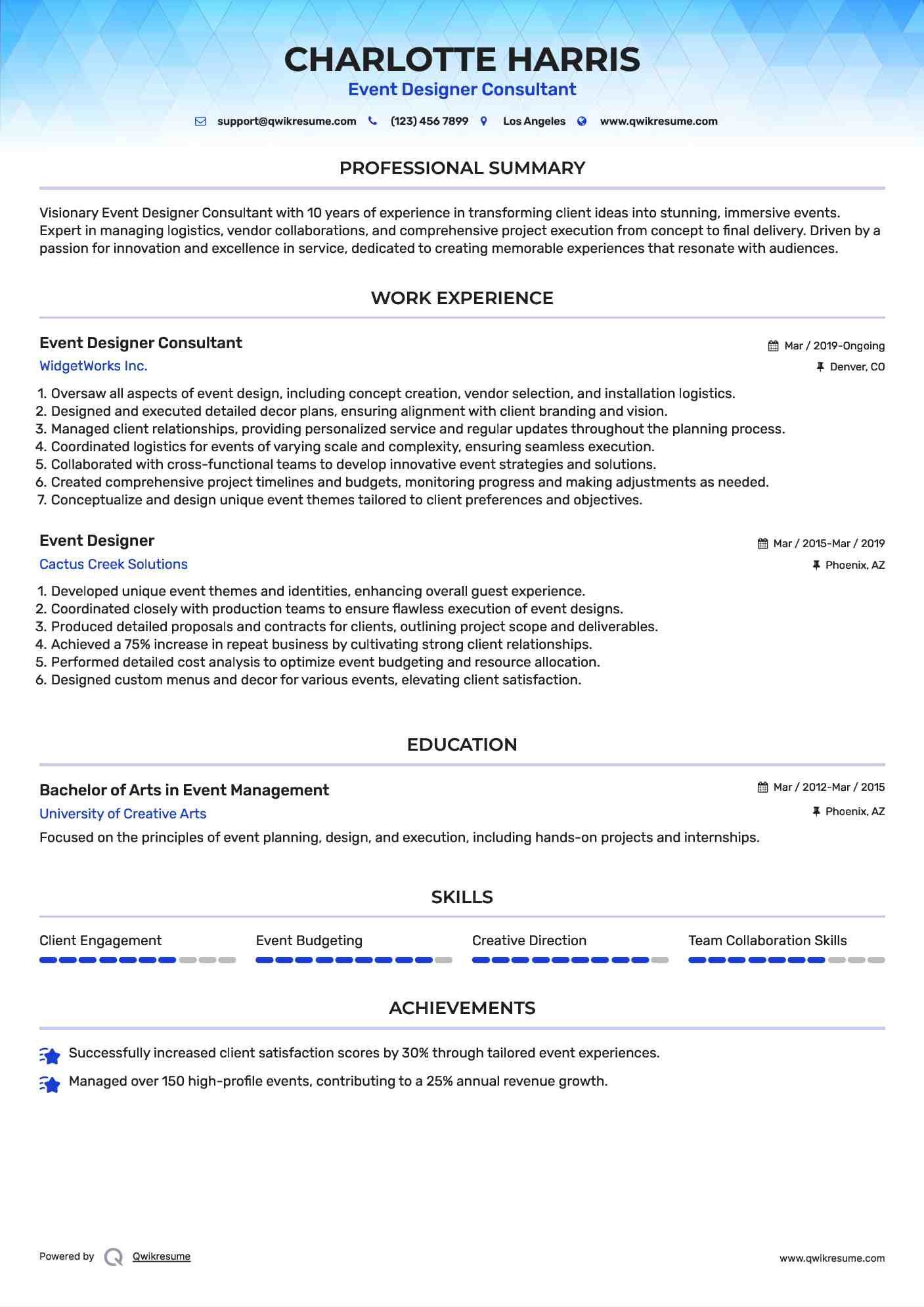 Event Designer Consultant Resume Example