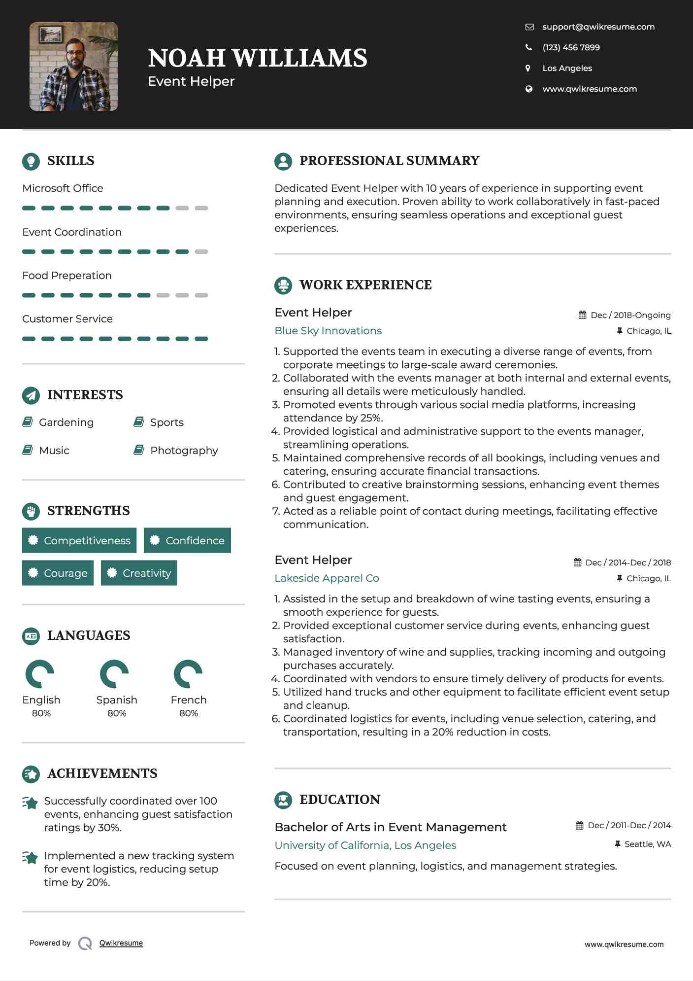 Event Helper Resume Sample