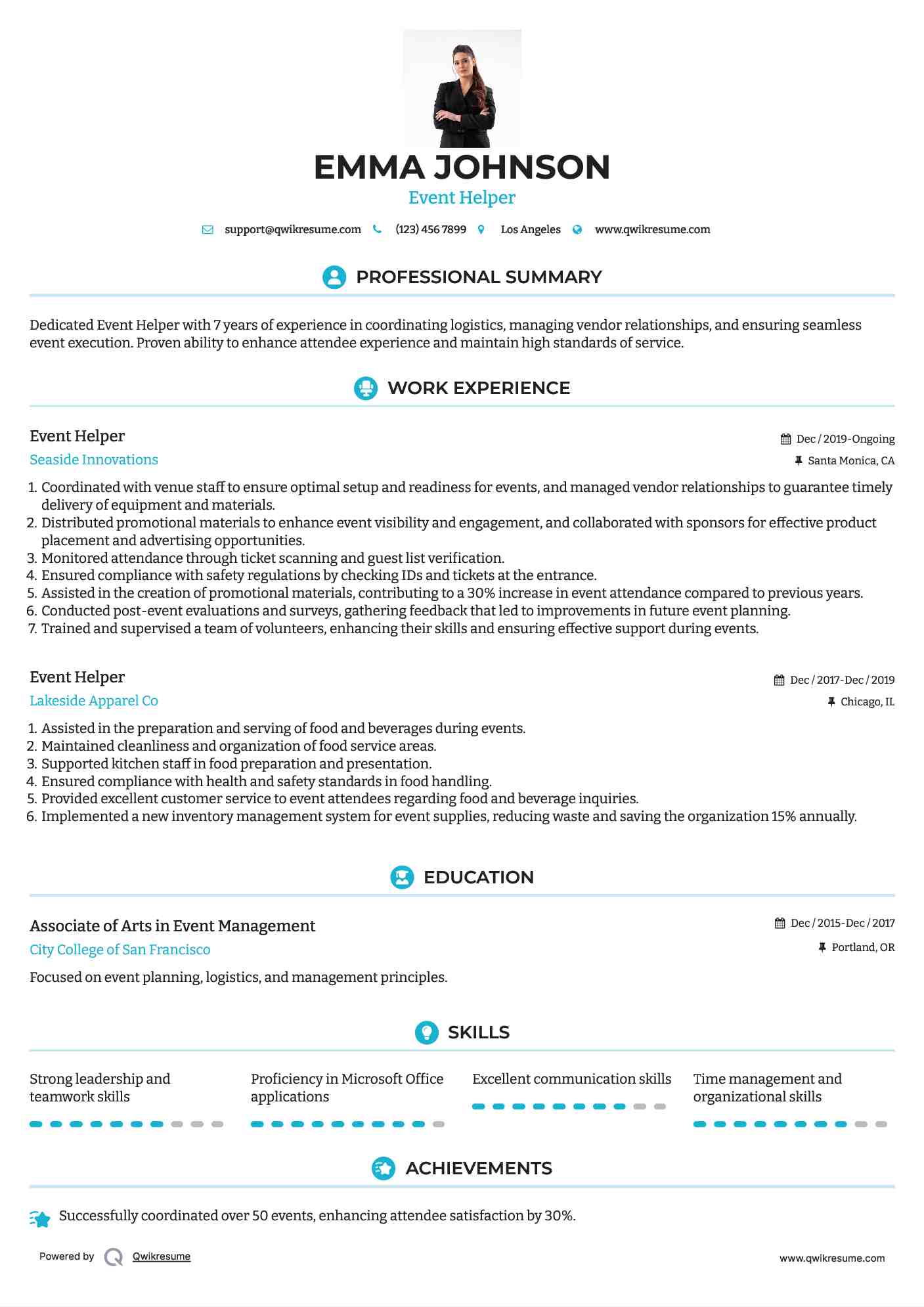 Event Helper Resume Sample