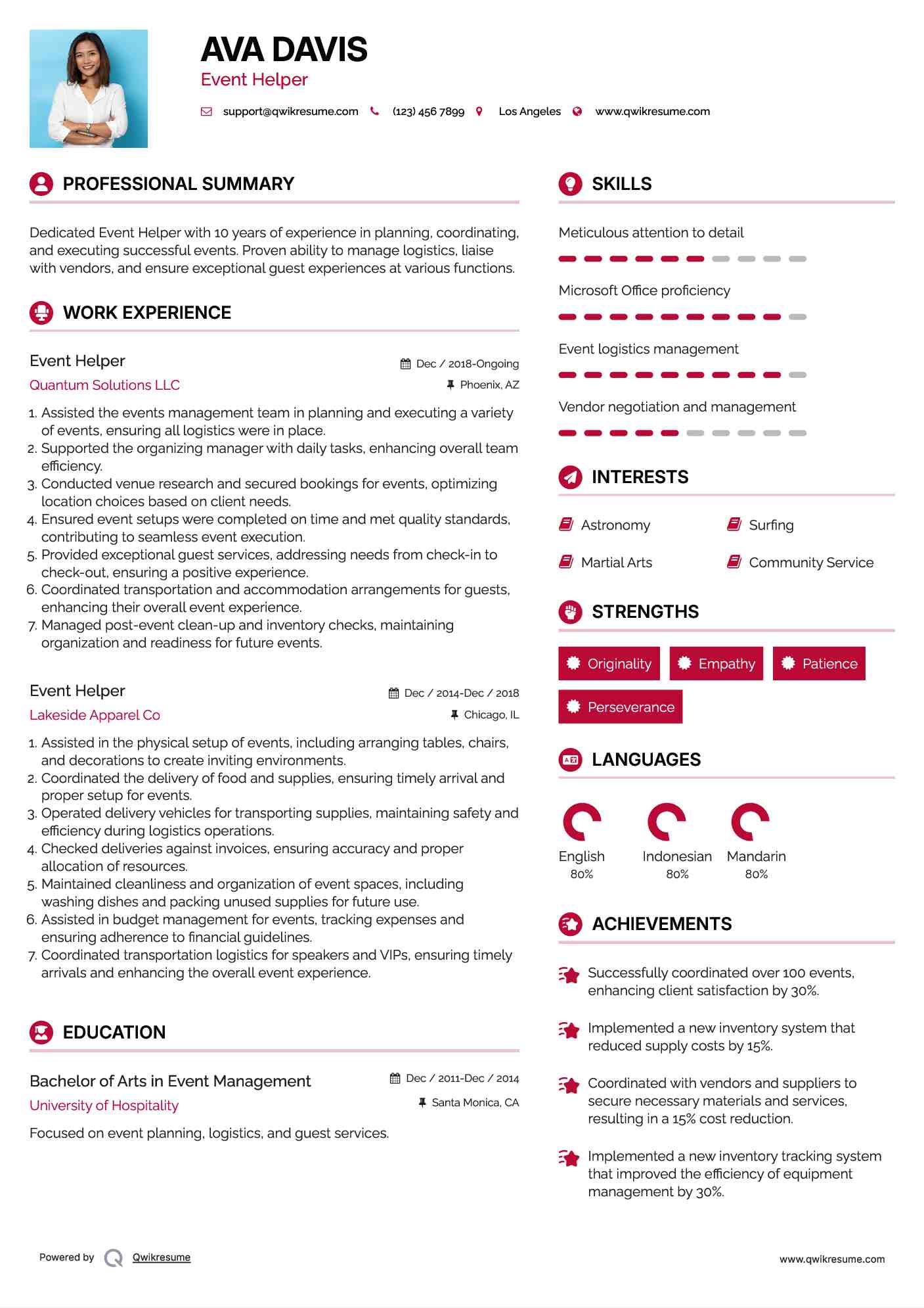 Event Helper Resume Sample