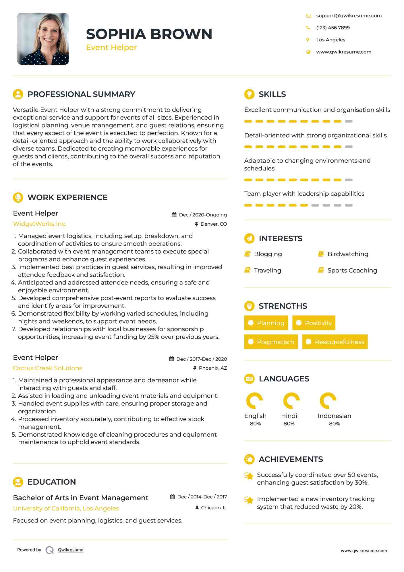 Event Helper Resume Model