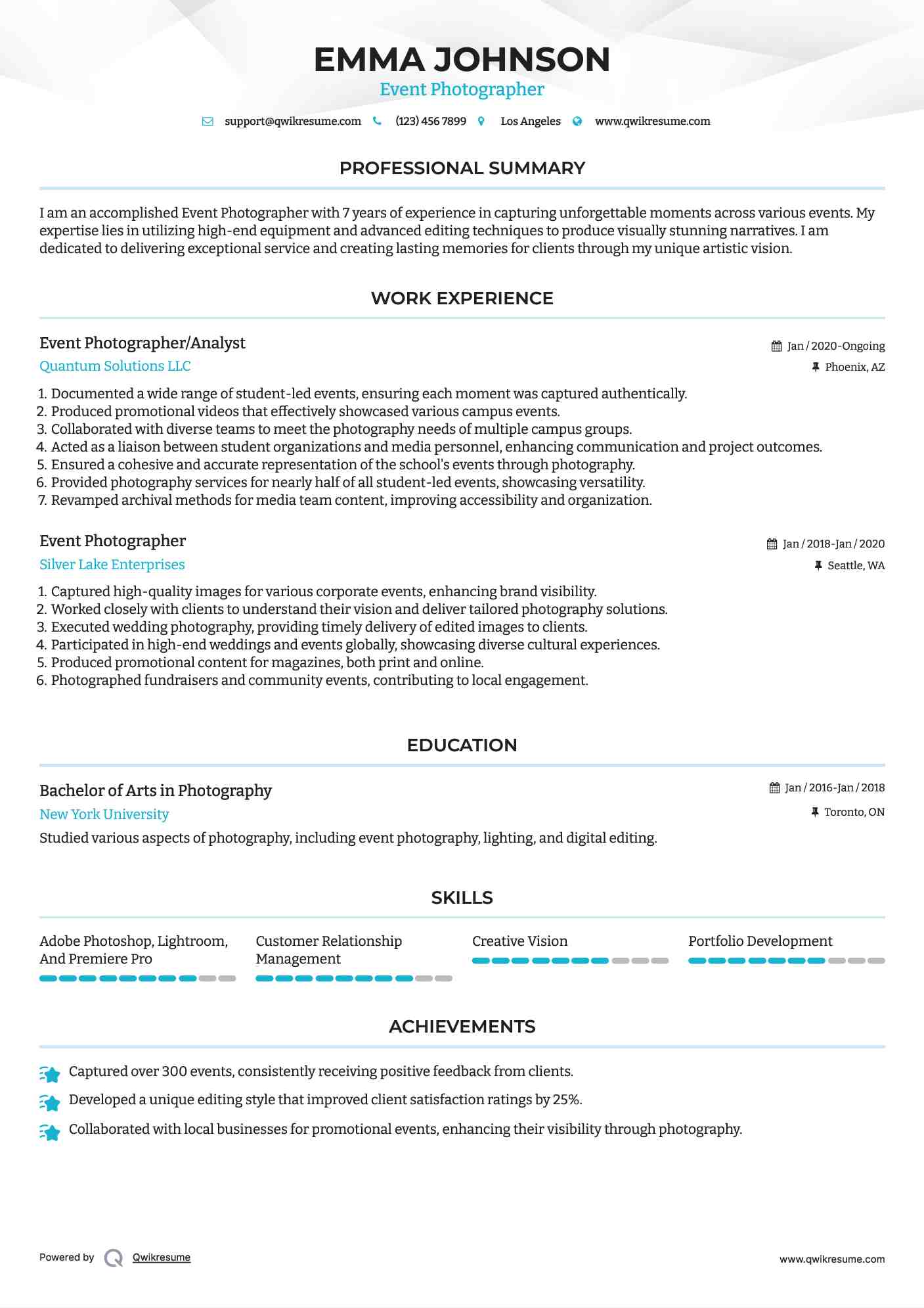 Event Photographer/Analyst Resume Example