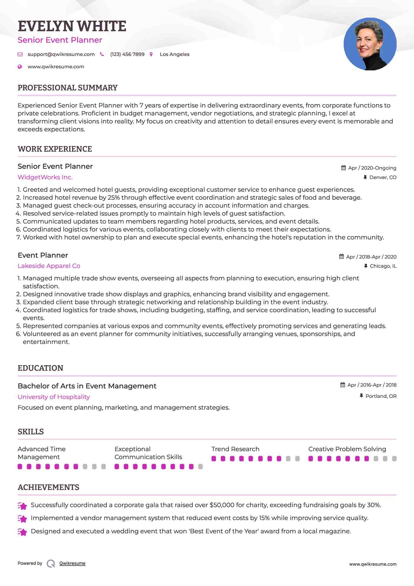 Senior Event Planner Resume Example
